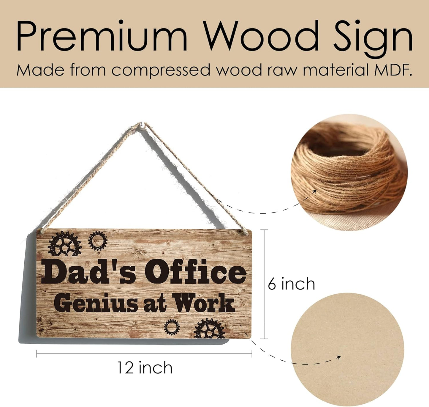Dad Sign Gift Farmhouse Dad's Office Genius At Work Wooden Hanging Sign Plaque Retro Wall Art Decor Home Decoration 12 x 6 Inches
