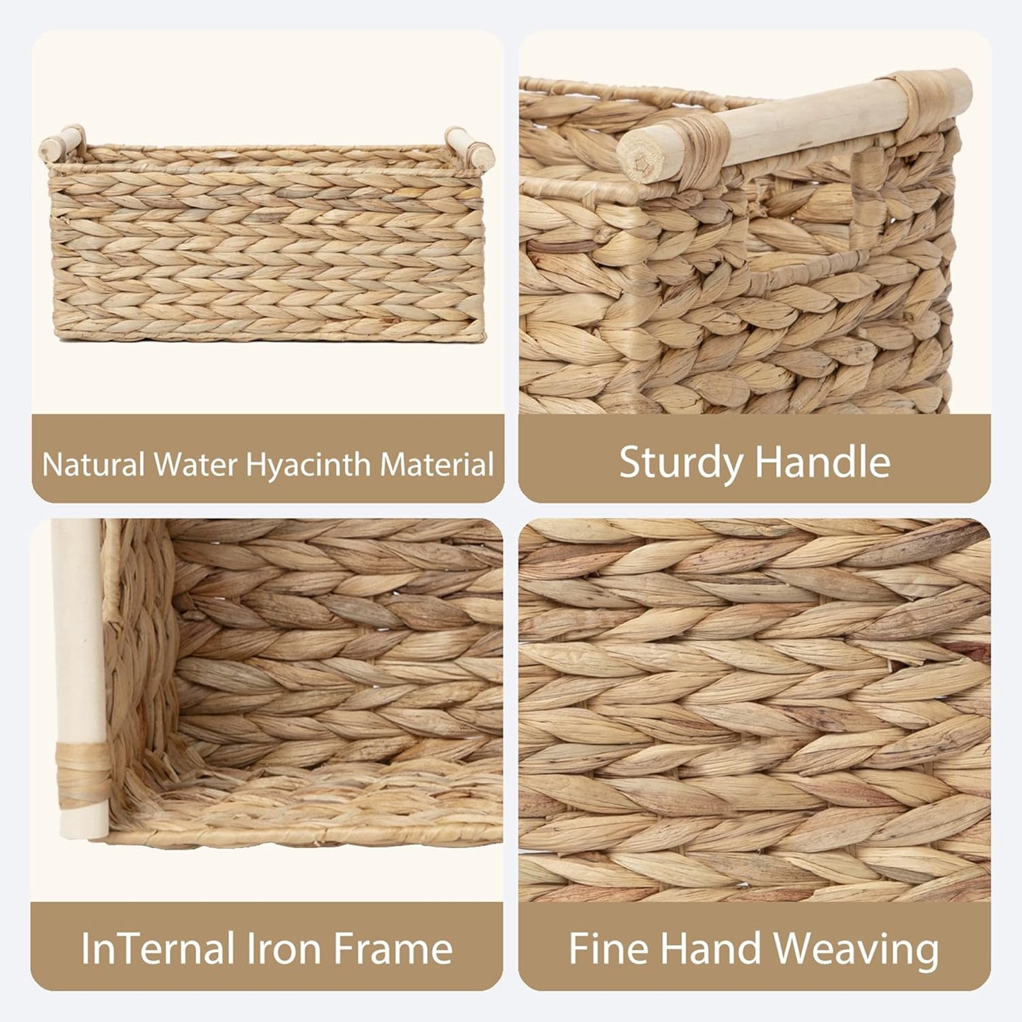 Handmade Water Hyacinth Woven Storage Baskets with Wooden Handles, Rectangle Rustic Organizer Set for Home Decor, Kitchen, Bedroom & Office (Small)