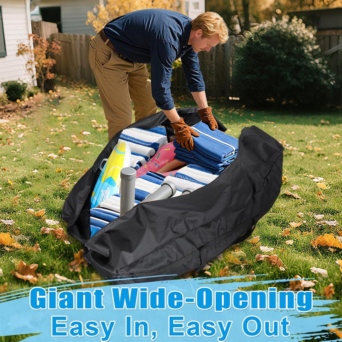 140 Gallon Extra Large Storage Bag for Aboveground Pools - Heavy-duty Pool Cover Storage with 4 Carrying Handles, Outdoor Patio Cushion Bag, 56''x24''x24''