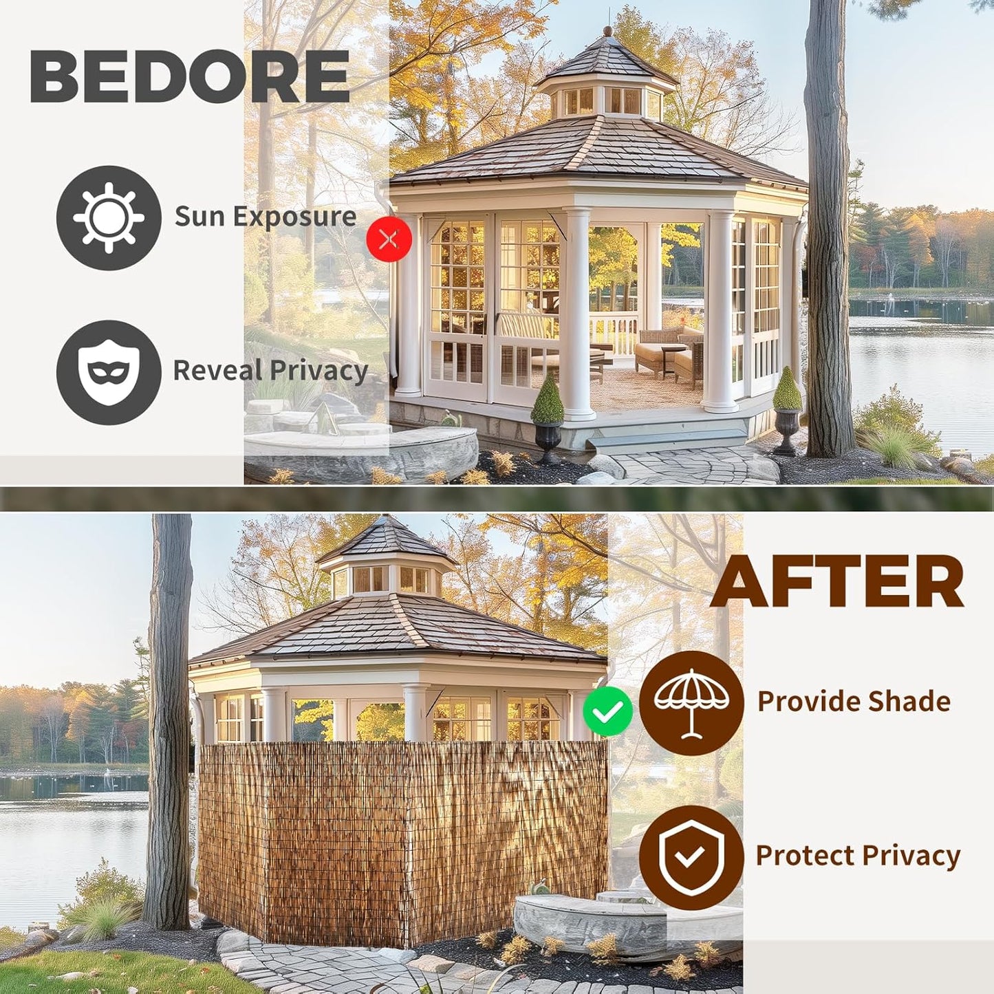 Natural Reed Fencing, Eco-Friendly Reed Fence, 4 feet High x 13.1 feet Long, Reed Screen for Backyard Patio Garden and More,Brown