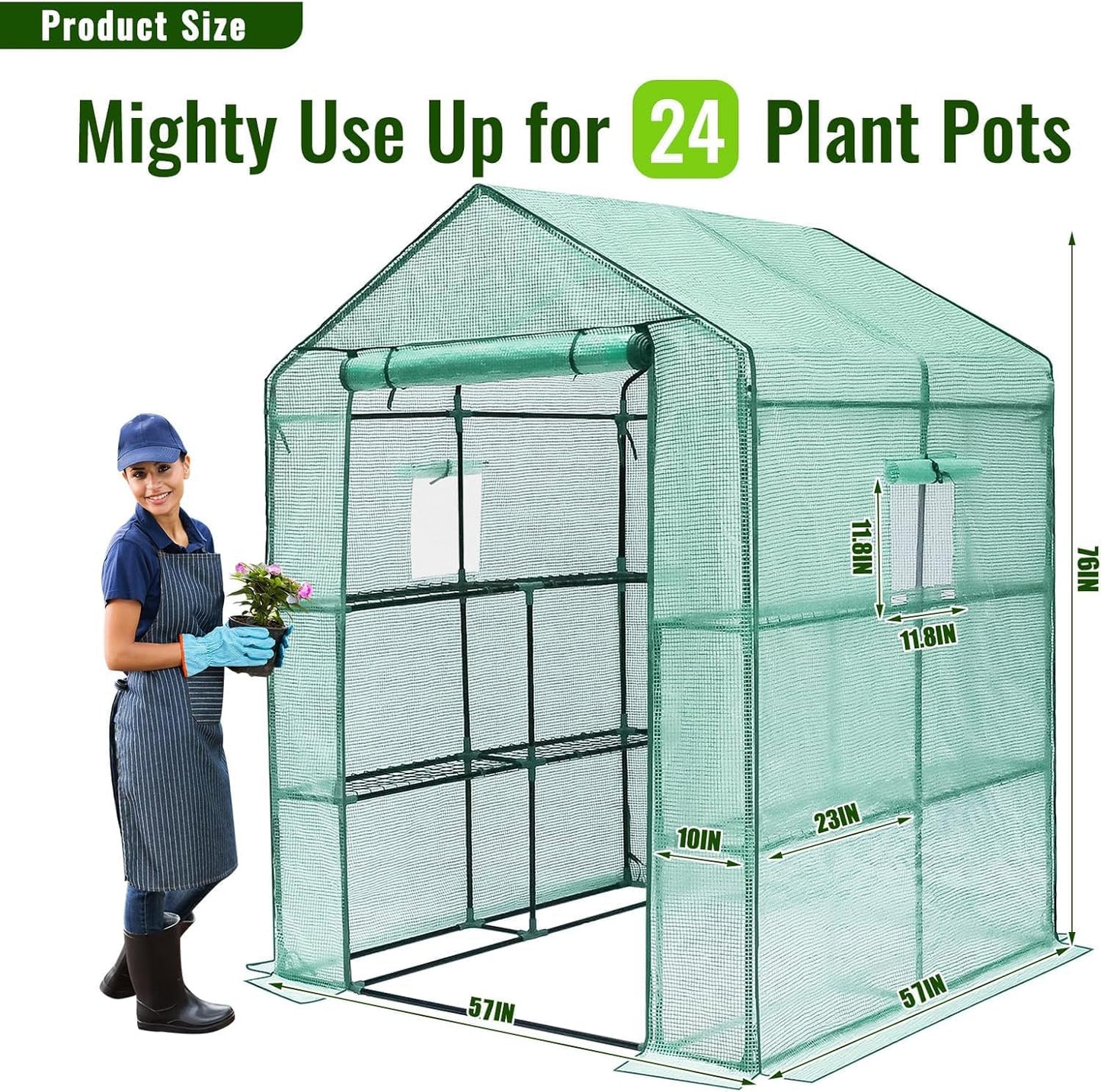 Greengro Greenhouse, 57 x 57 x 76'' Greenhouses for Outdoors, Durable Green House Kit with Window, Thicken PE Cover, 3 Tiers 8 Shelves, Heavy Duty Walk in Green Houses for Indoor Backyard Outside