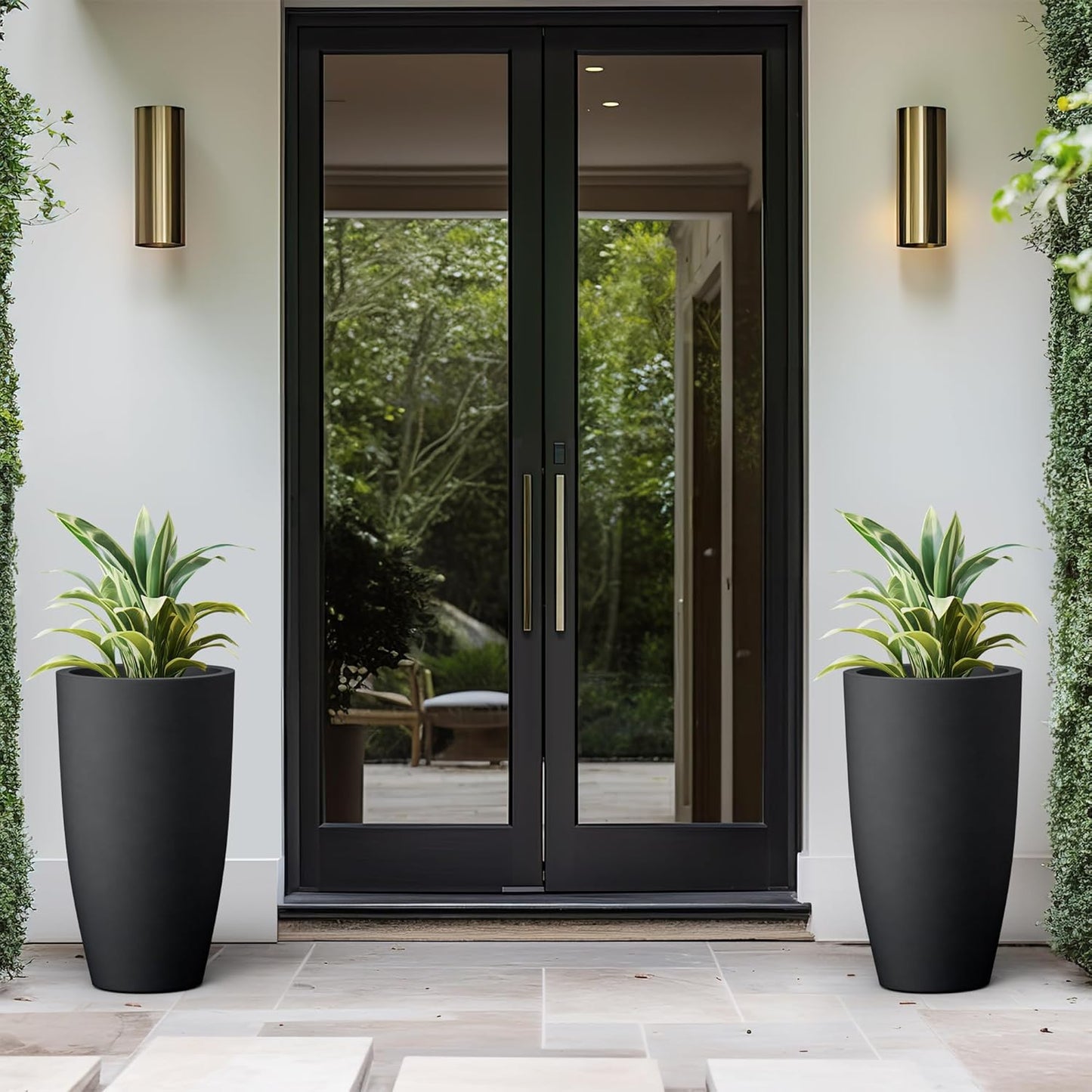Kante 23.6" H Black Tall Planters (Set of 2), Large Outdoor Indoor Decorative Plant Pots with Drainage Hole and Rubber Plug, Modern Style for Home and Garden