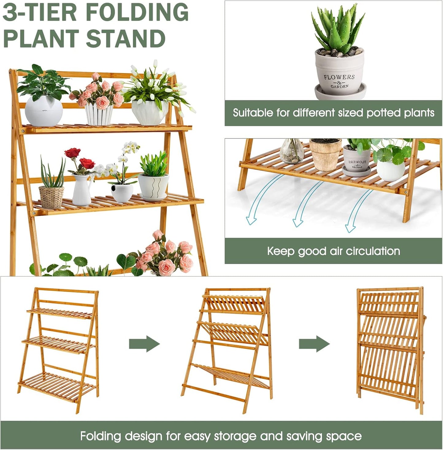 COSTWAY Bamboo Plant Stand, Foldable Multifunctional Flower Display Ladder Shelf, 3-Tier Storage Rack