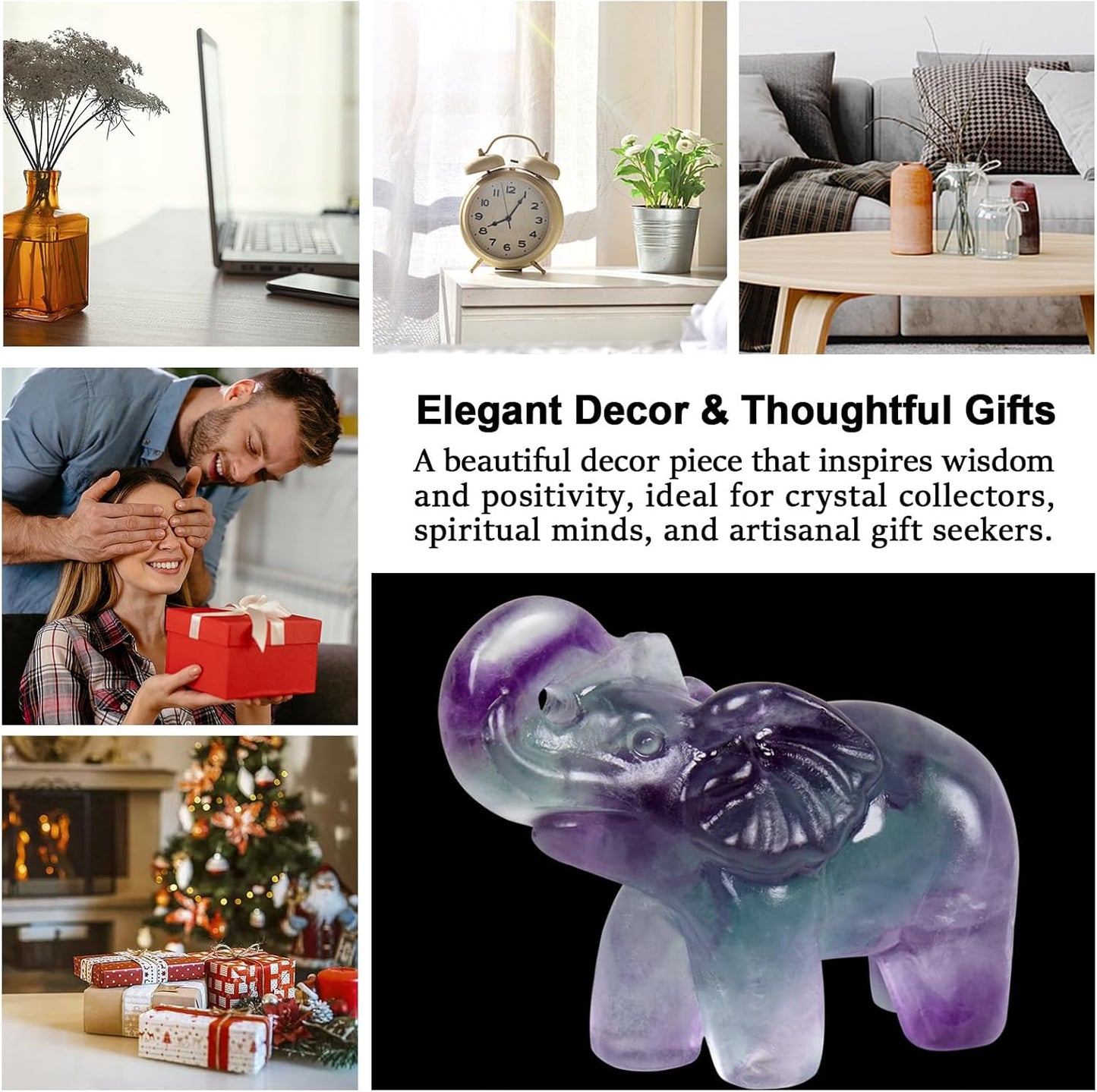 2 Inch Rainbow Fluorite Crystal Elephant Sculpture Handcrafted Healing Stone Animal Figurine Spiritual Home Decor Lucky Charm Gift for Wealth Success Positive Energy and Meditation Lovers