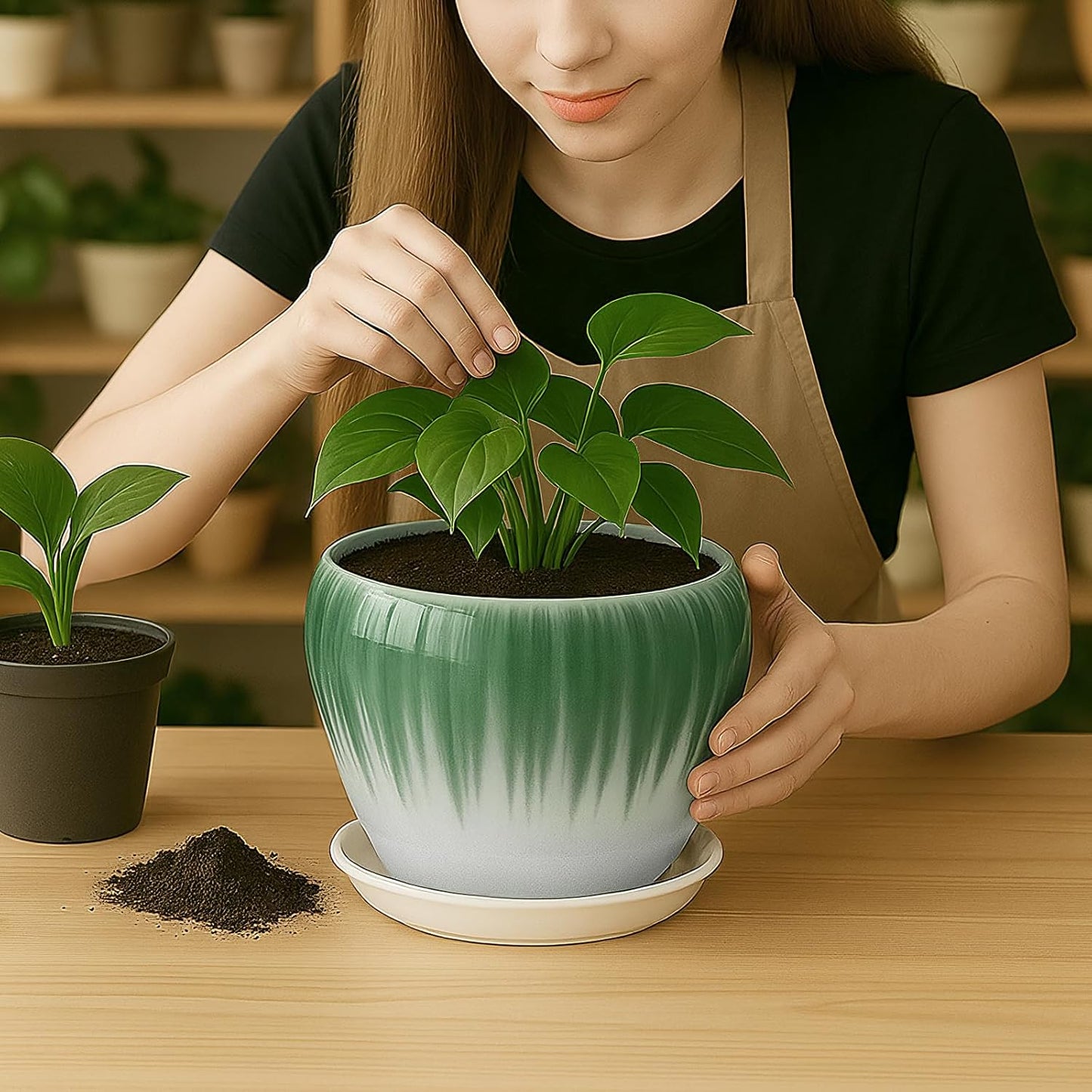 Deep Dream 8 Inch Plant Pots- Ceramic Pots for Plants with Drainage Hole and Saucer, Large Planter Pot for Indoor Plants Outdoor Decor, White&Green