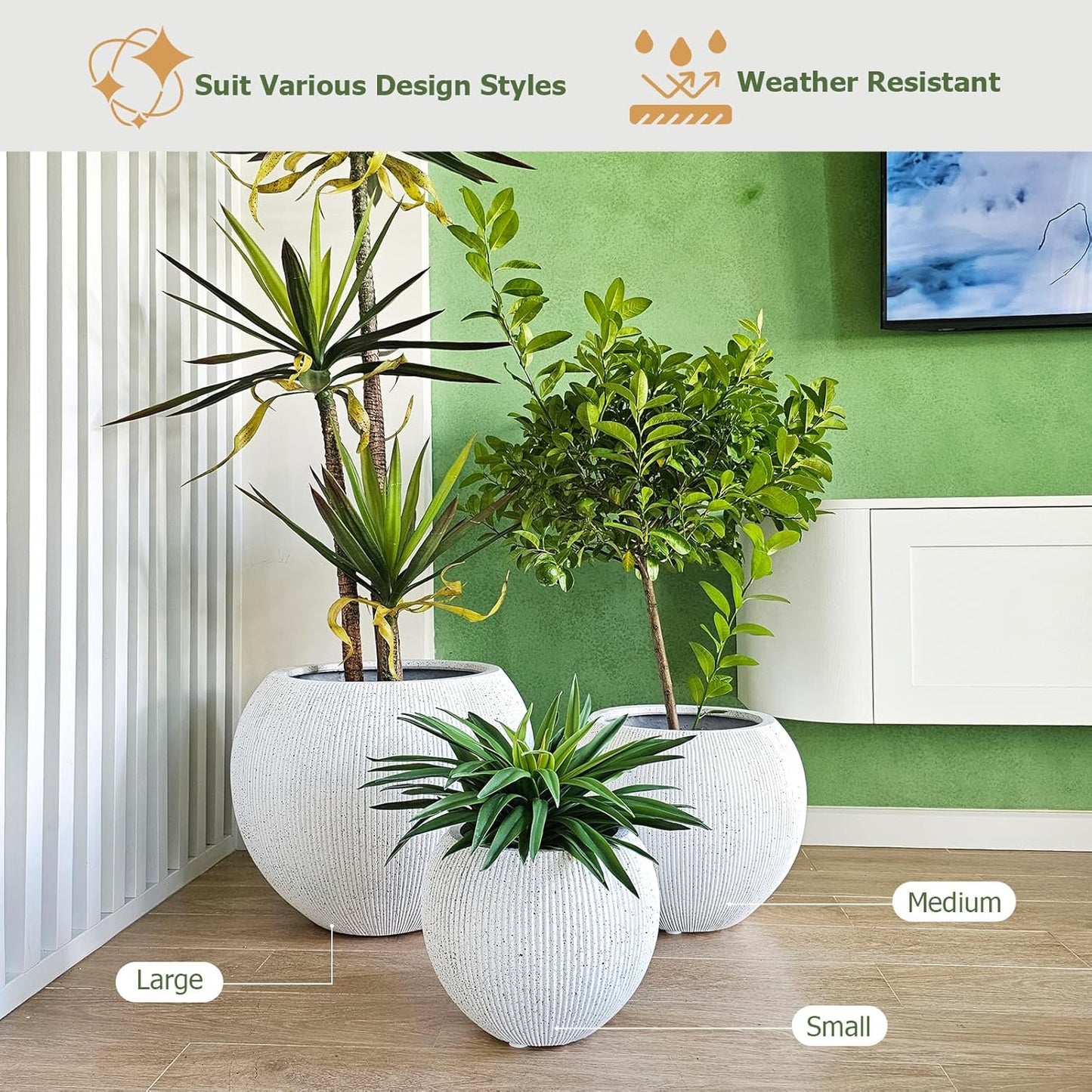 12.8"H x 16"D Globo Fiberstone Round Planter with Drainage Hole, Weather Resistant, Ribbed Finish, Planters for Indoor Plants & Outdoor, 2 Extra Coco Mats (Speckled White, 10.7" Pot Opening)