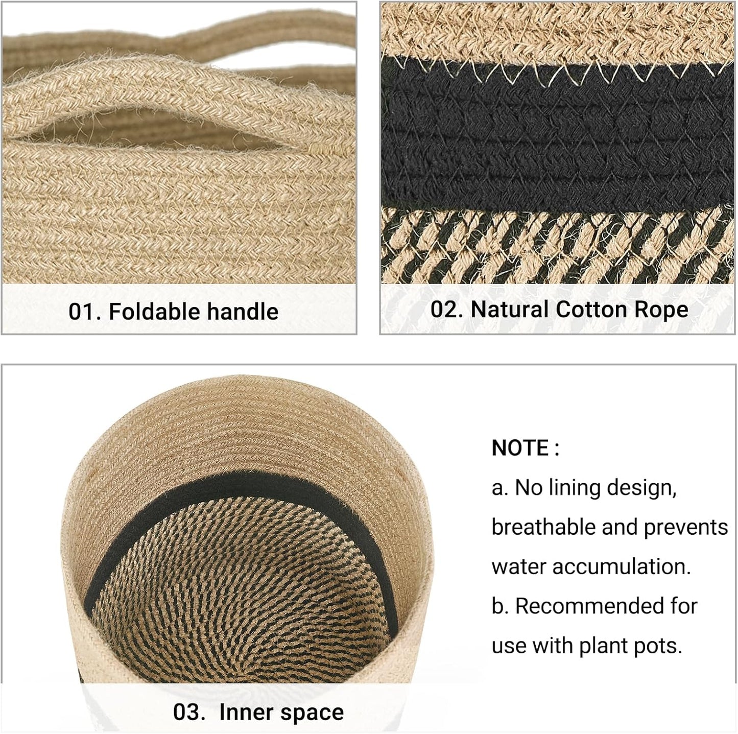 Dahey Jute Rope Plant Basket Modern Woven Storage Basket for 12" Indoor Planter, Decorative Flower Pots Cover Laundry Bin with Handle Rustic Home Decor, Black