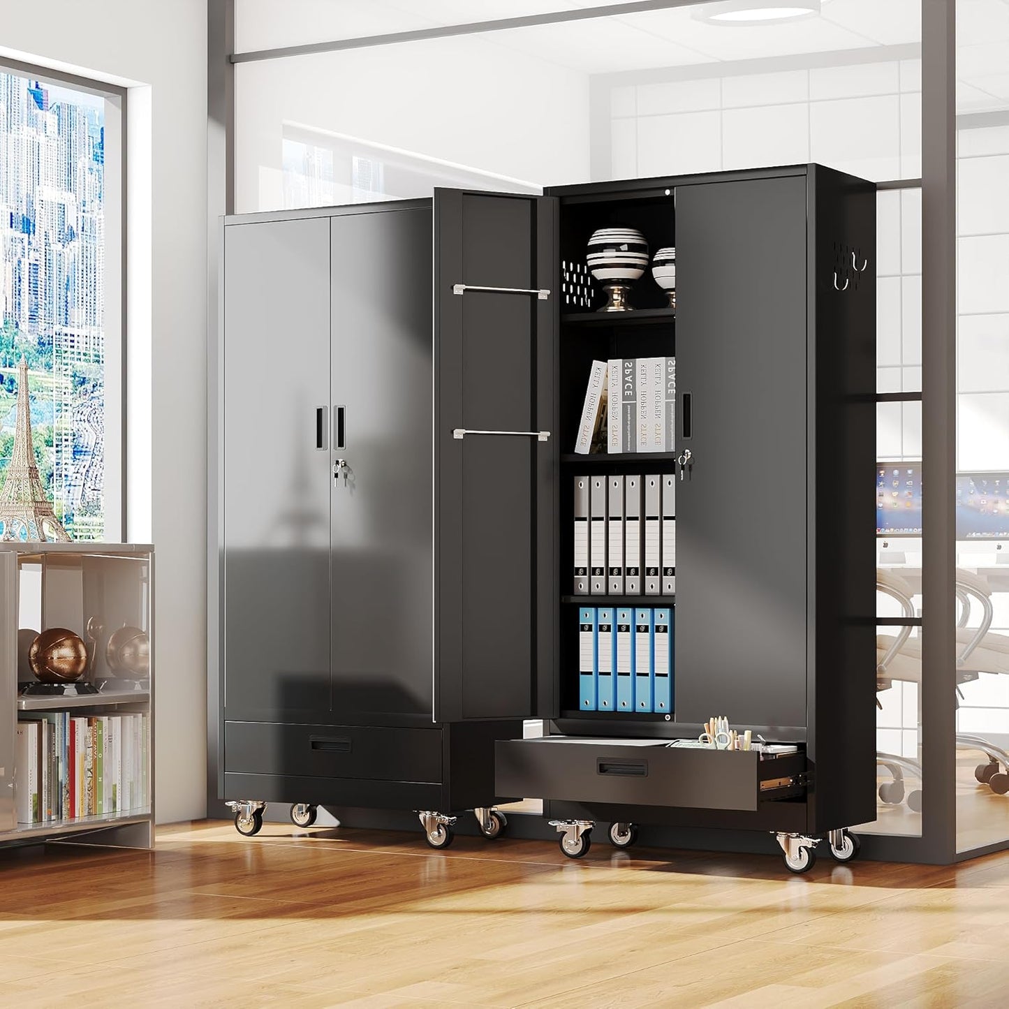 31.5 in Wide Garage Storage Cabinet with Wheels, Metal Storage Cabinet with 1 Drawer and 3 Adjustable Shelves for Home Offices, Gyms and Pantries, Black