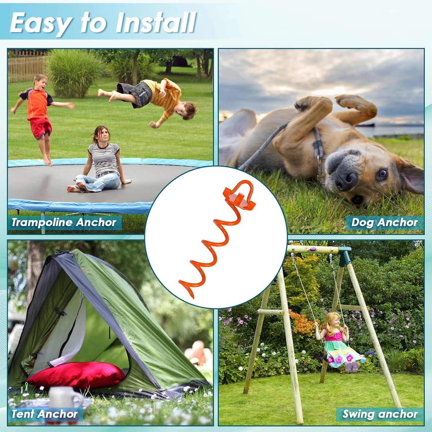 FEED GARDEN 12.2 Inch Spiral Ground Anchors Heavy Duty Screw in Spiral Stakes, 4 Pack Folding Ring Ground Stakes for Securing Dogs,Tents, Trampolines, Canopies, Swing Sets,Orange