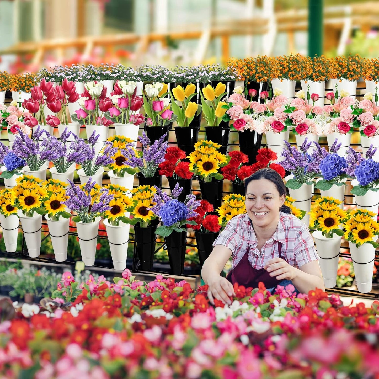 Flower Display Stand with Buckets, 3 layers Metal Plant Stand with Wheels, Moving Florist Bouquet Shelf for Fresh Flower Shop, for Patio Garden, Living Room, Outdoor Flower Pop-Up Events (Black Frame - Black Bucket)