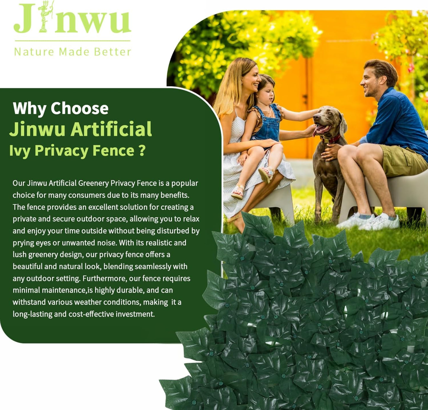 Jinwu Artificial Ivy Privacy Fence Screen (2 Rolls, Total 69x98.4 inch), Expandable Faux Privacy Fence with 79 pcs Zip Ties, Decoration for Outdoor Garden, Solid-Color Sweet Potato Leaf (Budget)