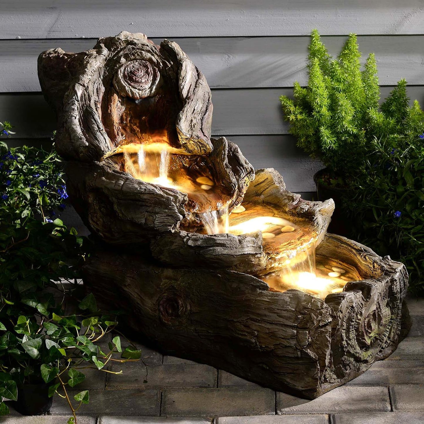 31.5" L Garden Water Fountain Outdoor, Artifical Imitation Wood Outdoor Water Fountain Natural Waterfall with LED Lights for Patio,Porch,Backyard,Home Art Decor(Resin)