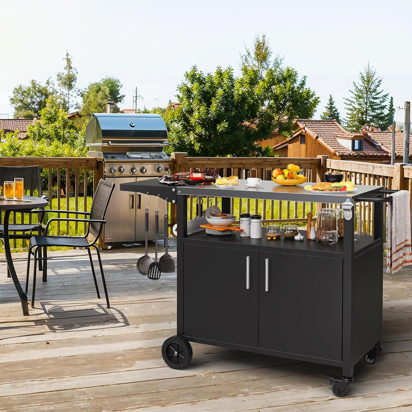 Shintenchi Outdoor Grill Cart Table with Stainless Steel Top for Kitchen Prep and BBQ, Outdoor Kitchen Island Table with Side Handle, Multifunctional Outdoor Grill Table, Black