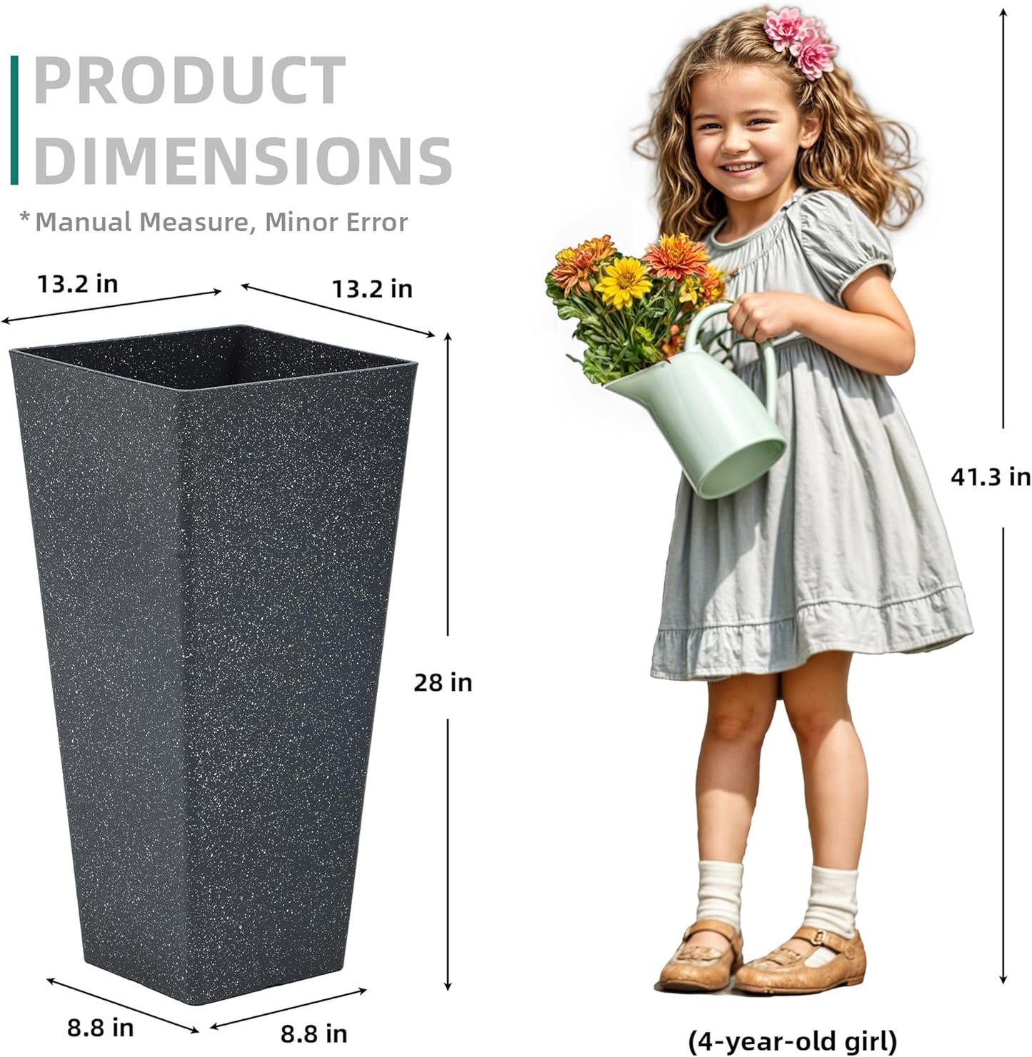 28" Large Tall Square Planters for Outdoor Plants, Set of 2 V-Shaped Planter Box with Black Terrazzo Look, Durable and Weather-Resistant, Ideal or Garden, Patio, Porch or Home use.