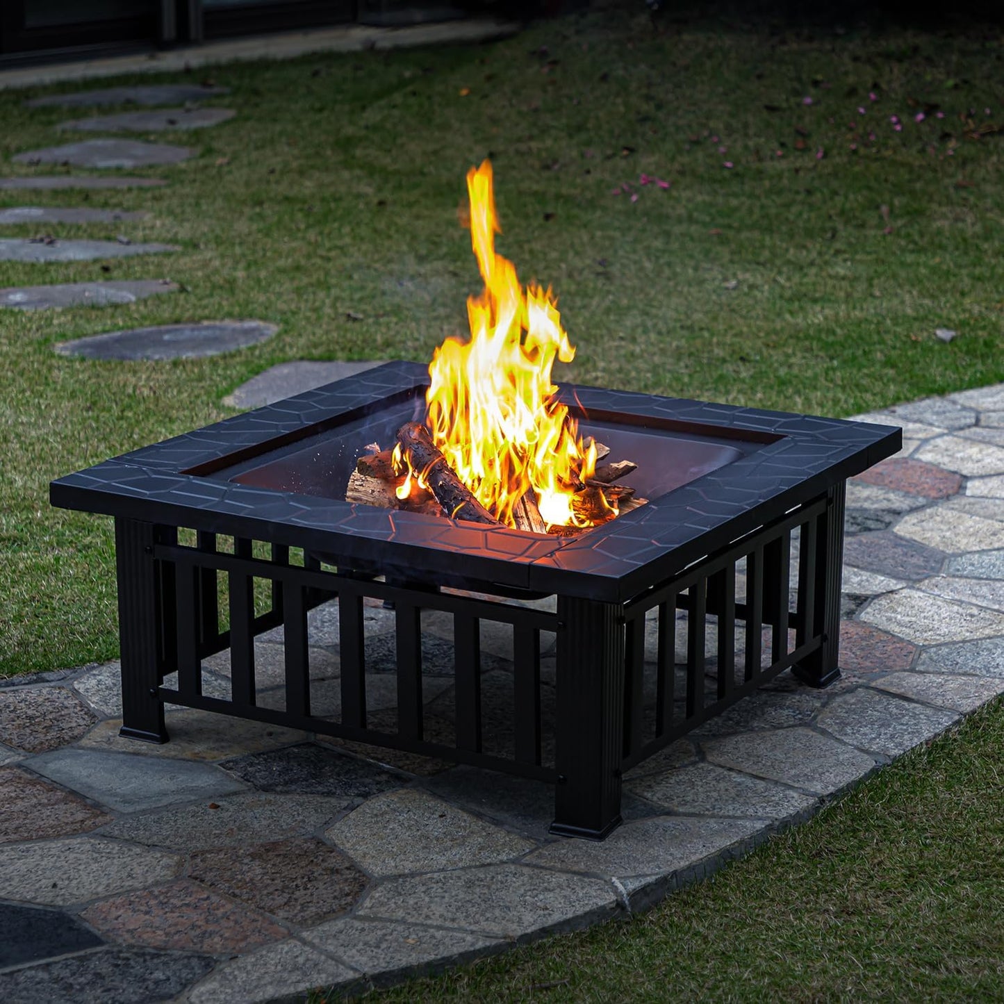 Multifunctional Fire Pit Table 36 inch Square Metal Firepit Stove Backyard Patio Garden Fireplace for Camping, Outdoor Heating, Bonfire and Picnic