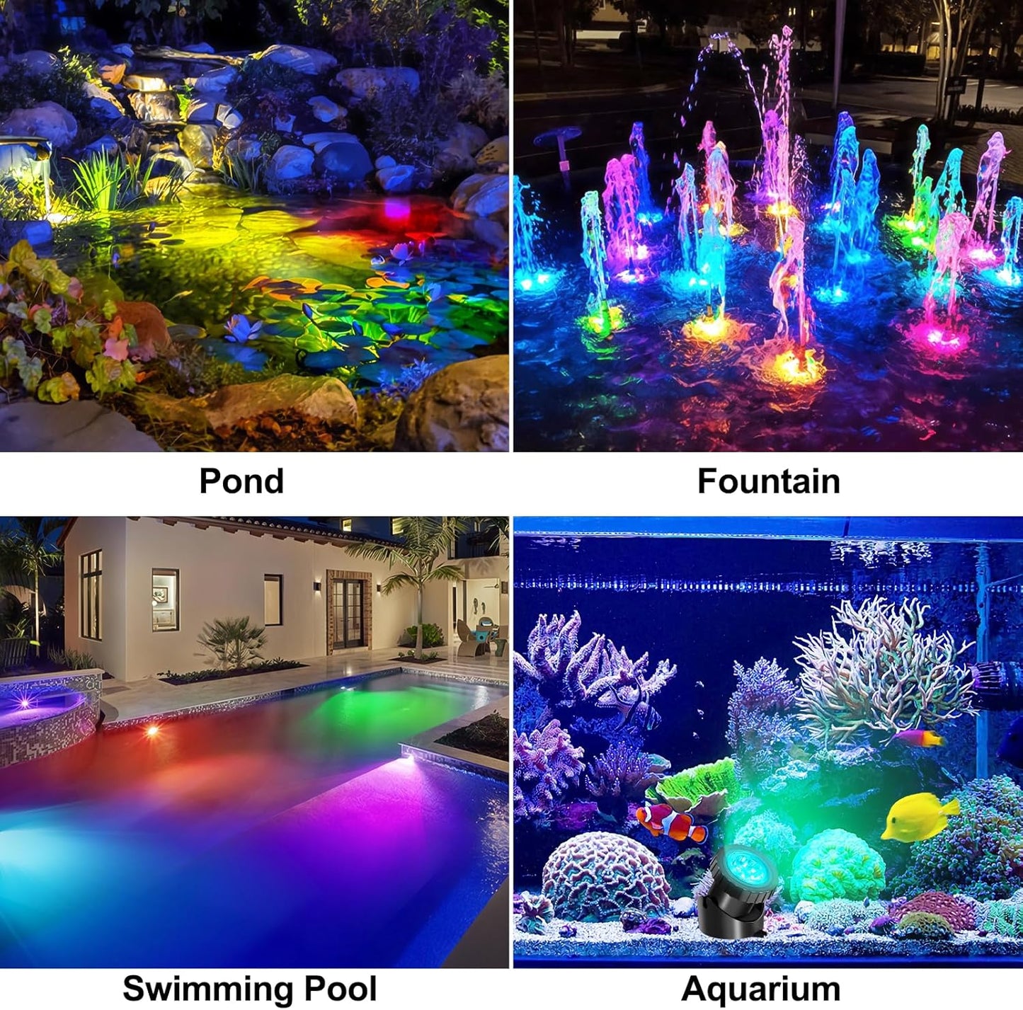 T-SUN Solar Pond Lights, 4-in-1 RGB Underwater Pond Light, Color Changing Submersible Fountain Lights, Solar Fish Tank Light Adjustable Lighting Angle for Garden Fountain, Pond, Pool Decoration