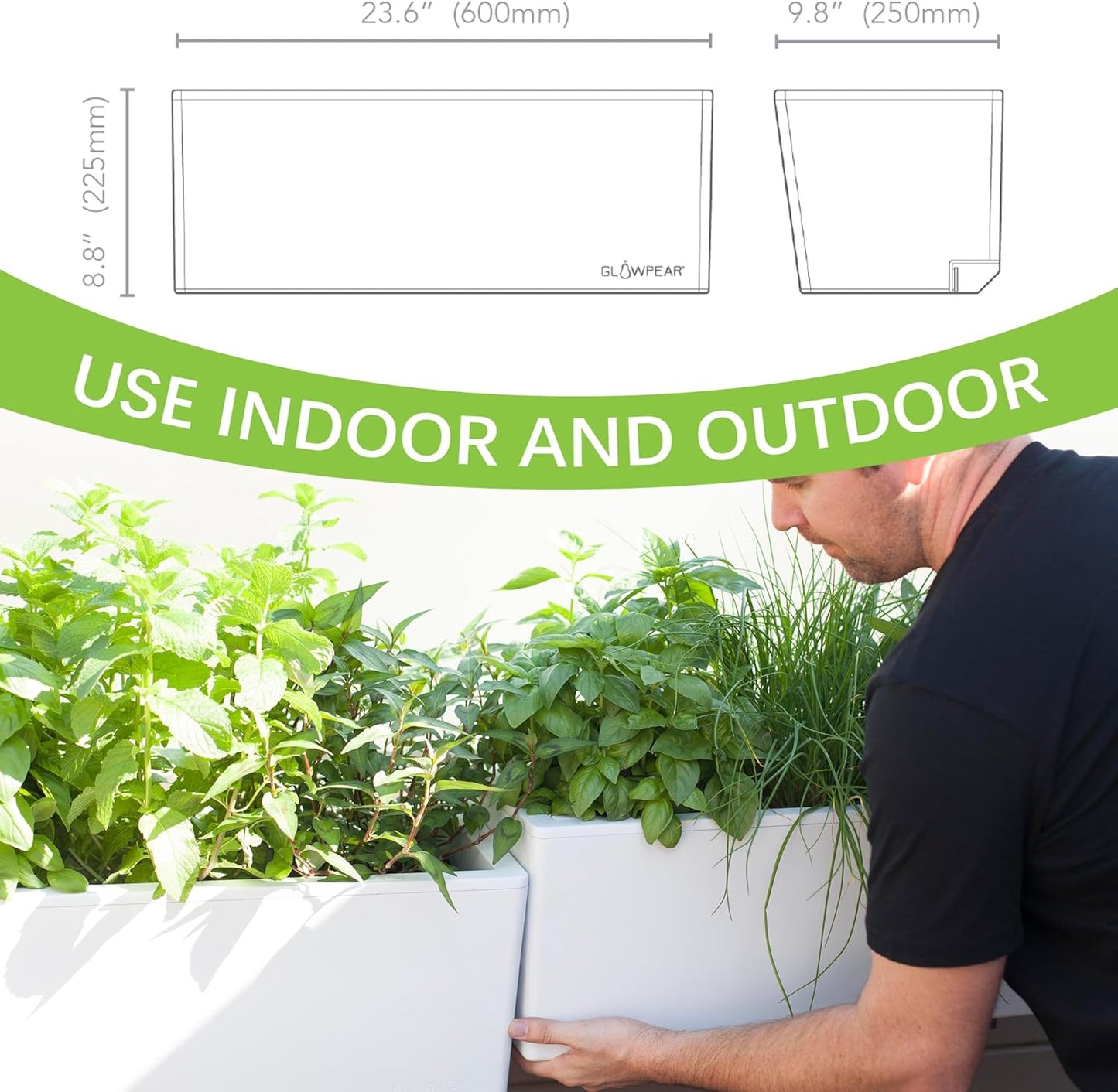 Glowpear Self Watering Railing Planter Box - 23.6", White - UV Stable, Scalable Plant Pot with Water Gauge, Indoor Outdoor for Vegetables, Flowers, Herbs, and Succulents