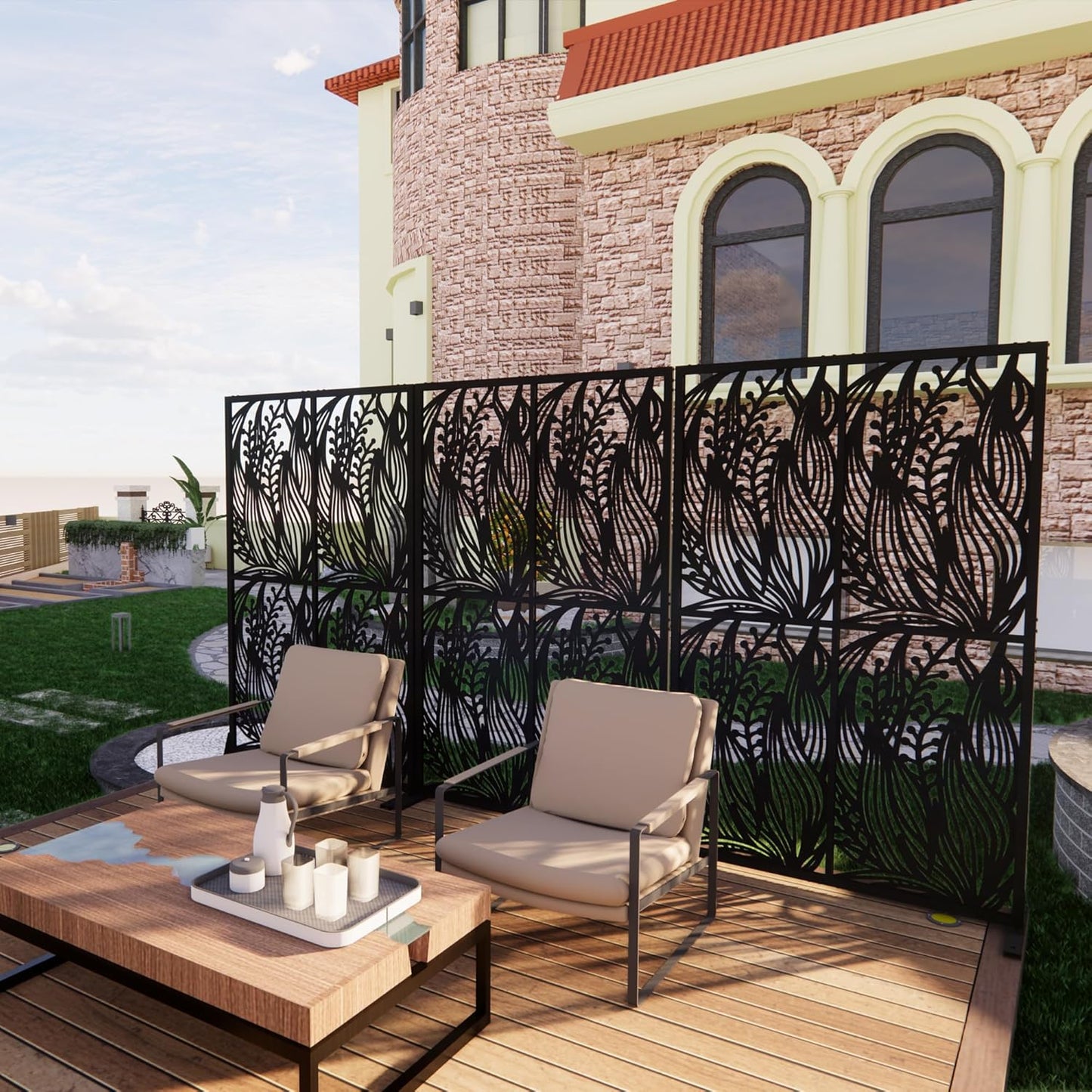 Metal Privacy Screens 72" H Outdoor and Indoor Leaf Pattern Room Divider Privacy Screens Panels for Living Room Balcony Patio Garden (Black