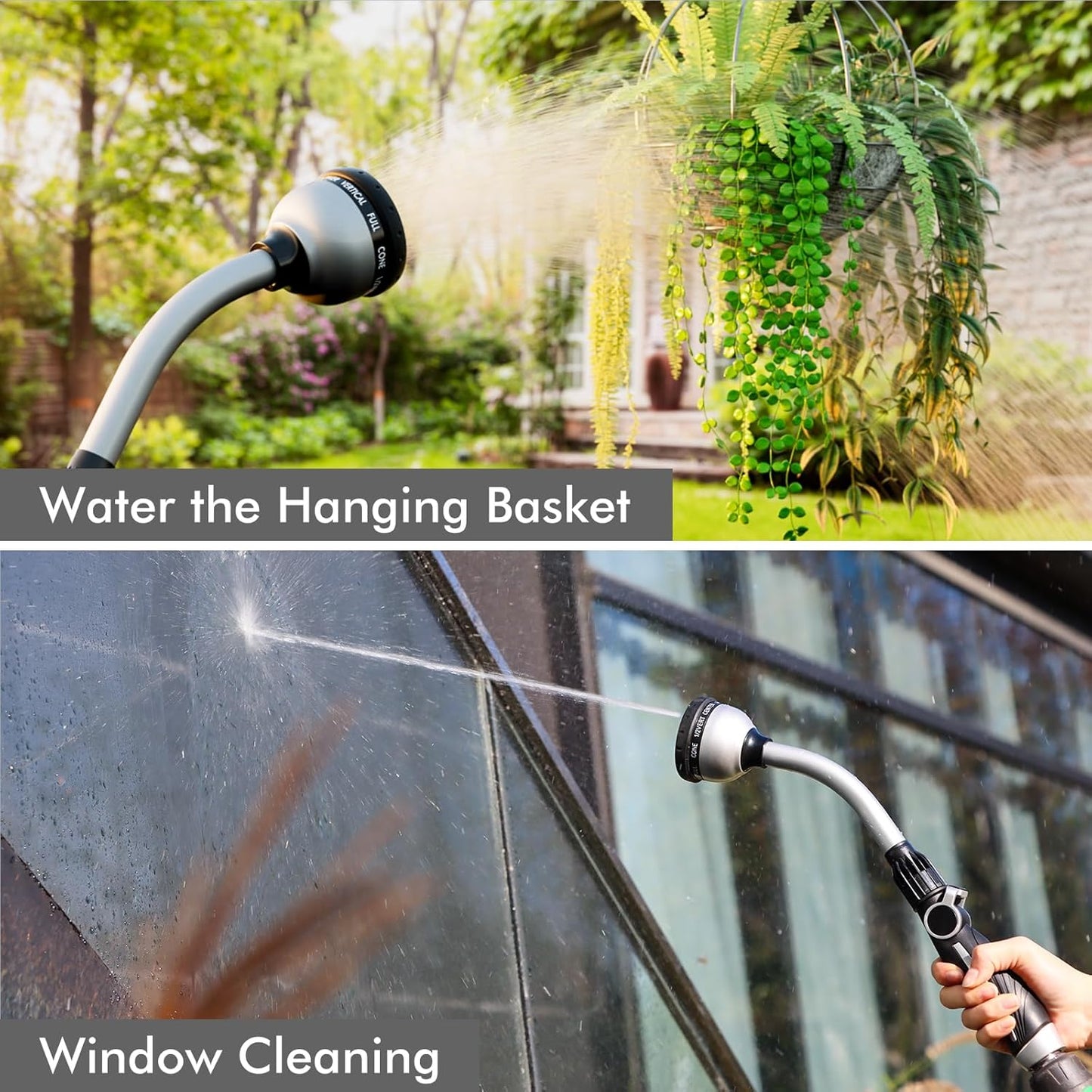 RESTMO Watering Wand Heavy Duty, Metal Garden Hose Wand with Thumb Flow Control, 15-Inch Long Hose Nozzle Sprayer with 10 Spray Patterns, Ideal to Water Hanging Baskets and Shrubs, Silver