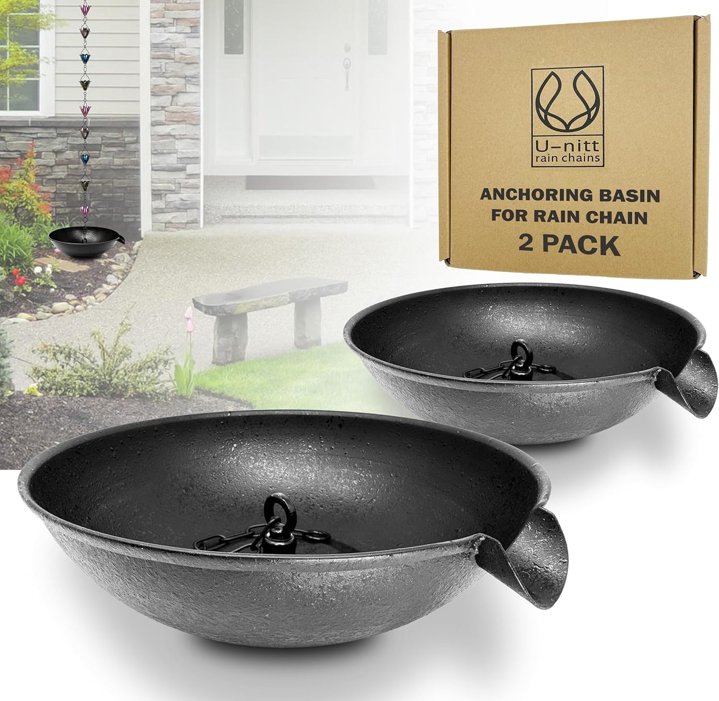 2PK 12" Spill Bowl Catch Basin for Rain Chain Anchoring Stake | Rainwater Collection for Roof Gutter Downspout | Good for Water Fountain & Birdbath | Black | Works with Rainchain | Handles Heavy Rain