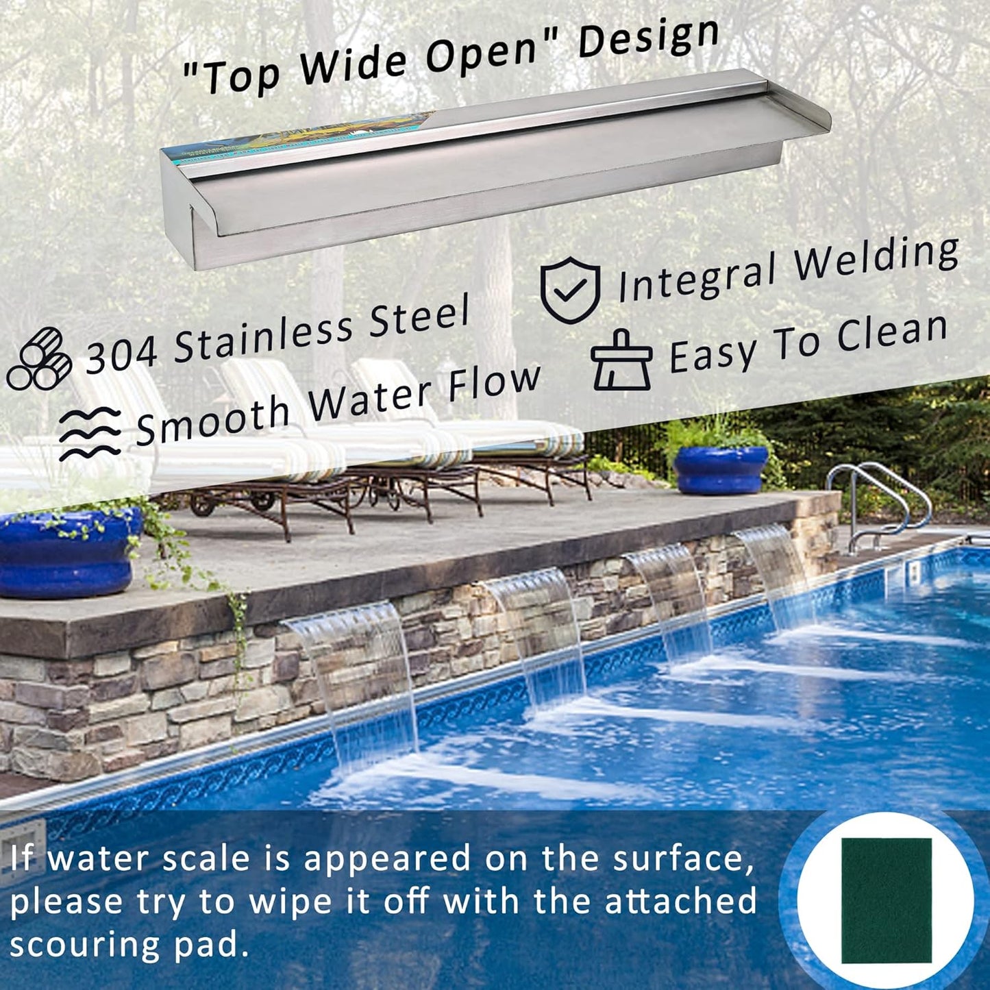YUDA 36 Inch Water Pool Fountain, 304 Stainless Steel Pool Waterfall with Wider Water Flow Platform, Professional Waterfall Spillway for Sheer Descent Garden Outdoor