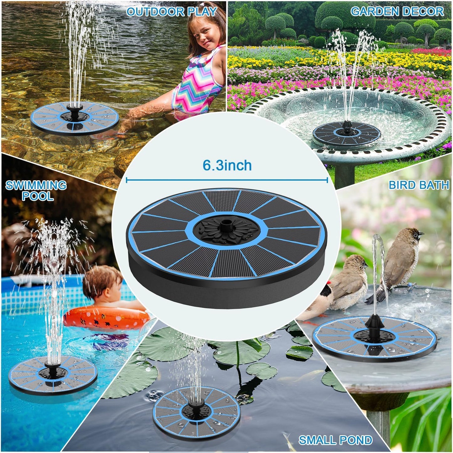 SZMP Solar Fountain for Bird Bath, Working On Cloudy Day Solar Water Fountain with 3.5W Glass Solar Panel 2000mAh Battery 4 Fixer 7 Nozzles Solar Fountain Pump(Blue Solar Panel)