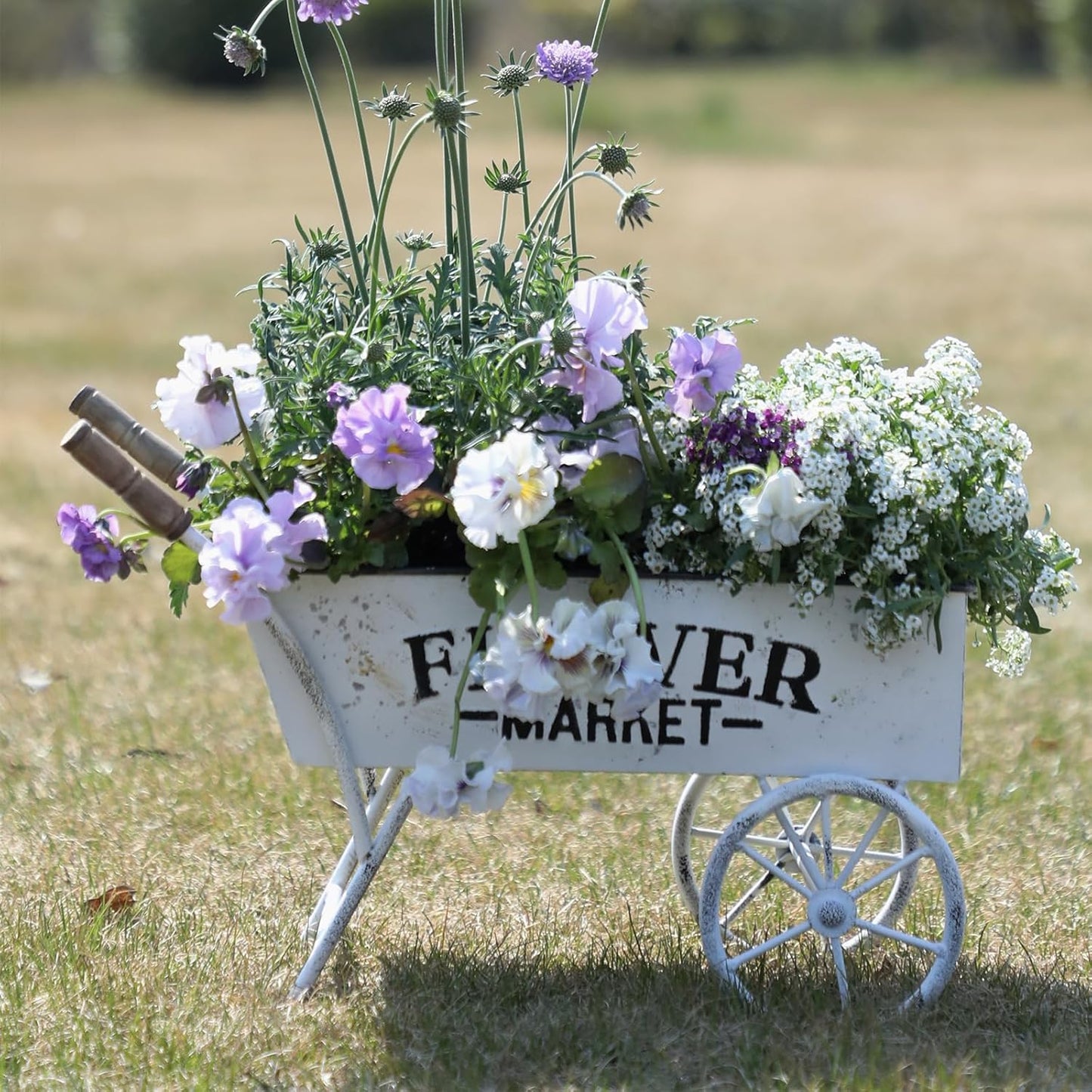 15 Inch Farmhouse Small Flower Cart with Wooden Handles Metal Wagon Planters for Outdoor Plants Decorative Wheelbarrow Plant Cart for Patio Garden Balcony White