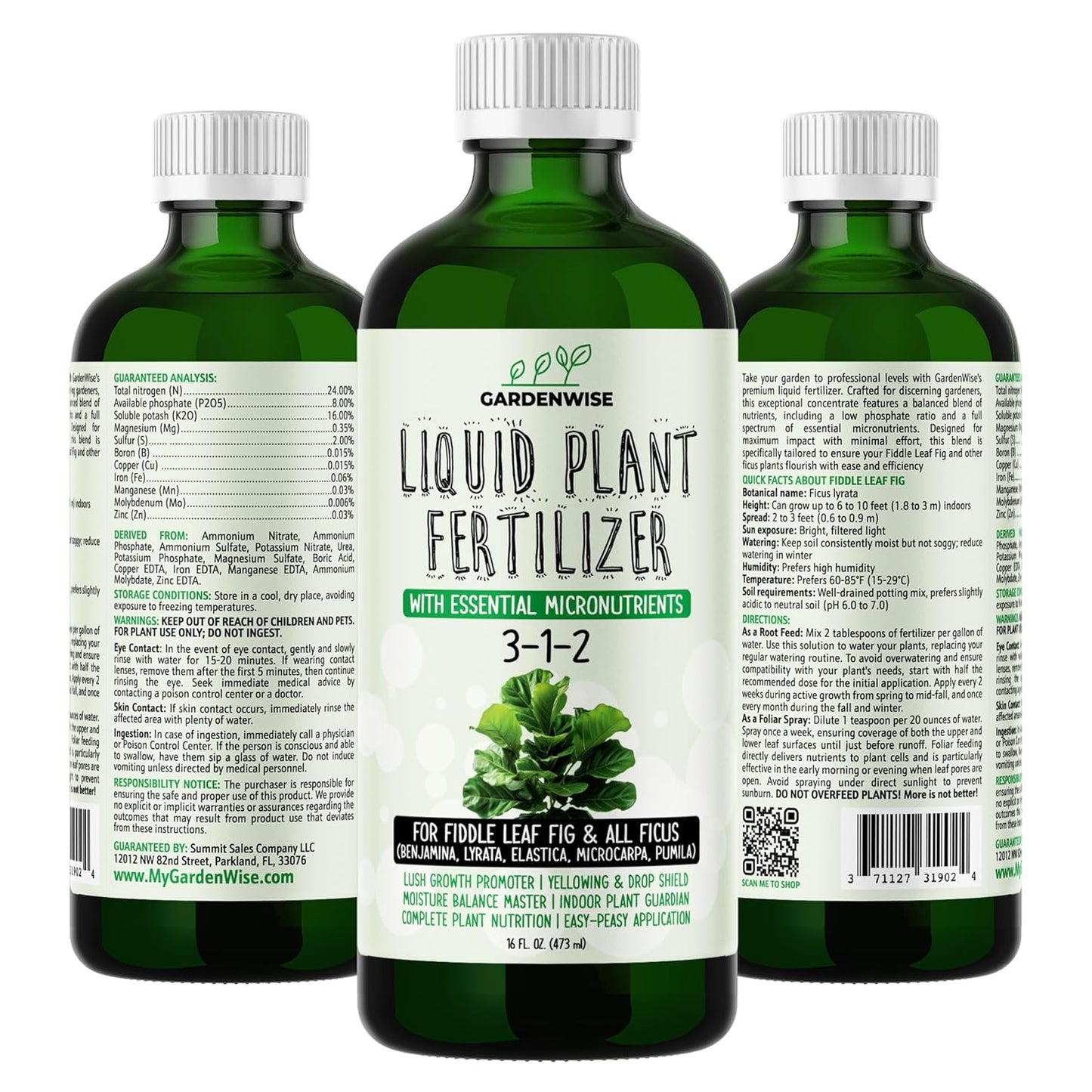 3-1-2 Liquid Fertilizer Concentrate with Micronutrients - Optimal Fiddle Leaf Fig Plant Food, Ideal for Ficus Lyrata & Fig Trees, Gold Leaf Enhanced Indoor Plant Fertilizer (8 OZ)
