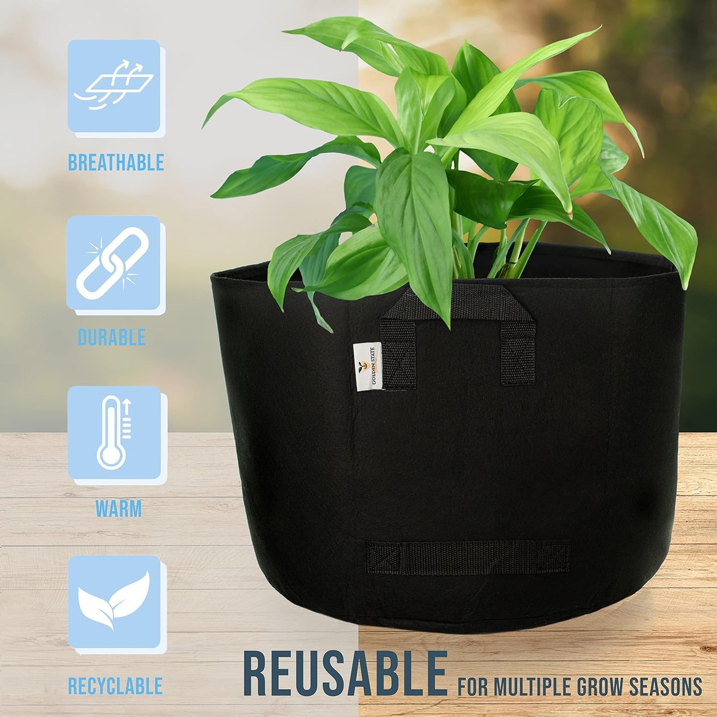 Grow Bags: 5-Pack (Size: 15 Gallon): 300gsm Black Felt Fabric, Biodegradable and eco-Friendly Material. (Handles + Dumping Handles-pat.Pend).