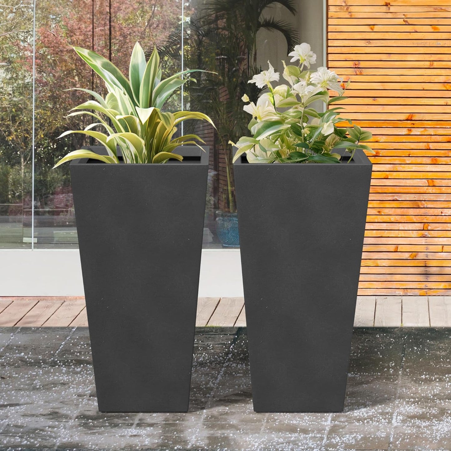 Kante 24.4 Inch Tall Tapered Concrete Planter (Set of 2), Modern Style Large Plant Pot with Drainage Hole and Rubber Plug for Patio, Backyard, Porch, Suitable for Indoor Outdoor Plants, Black