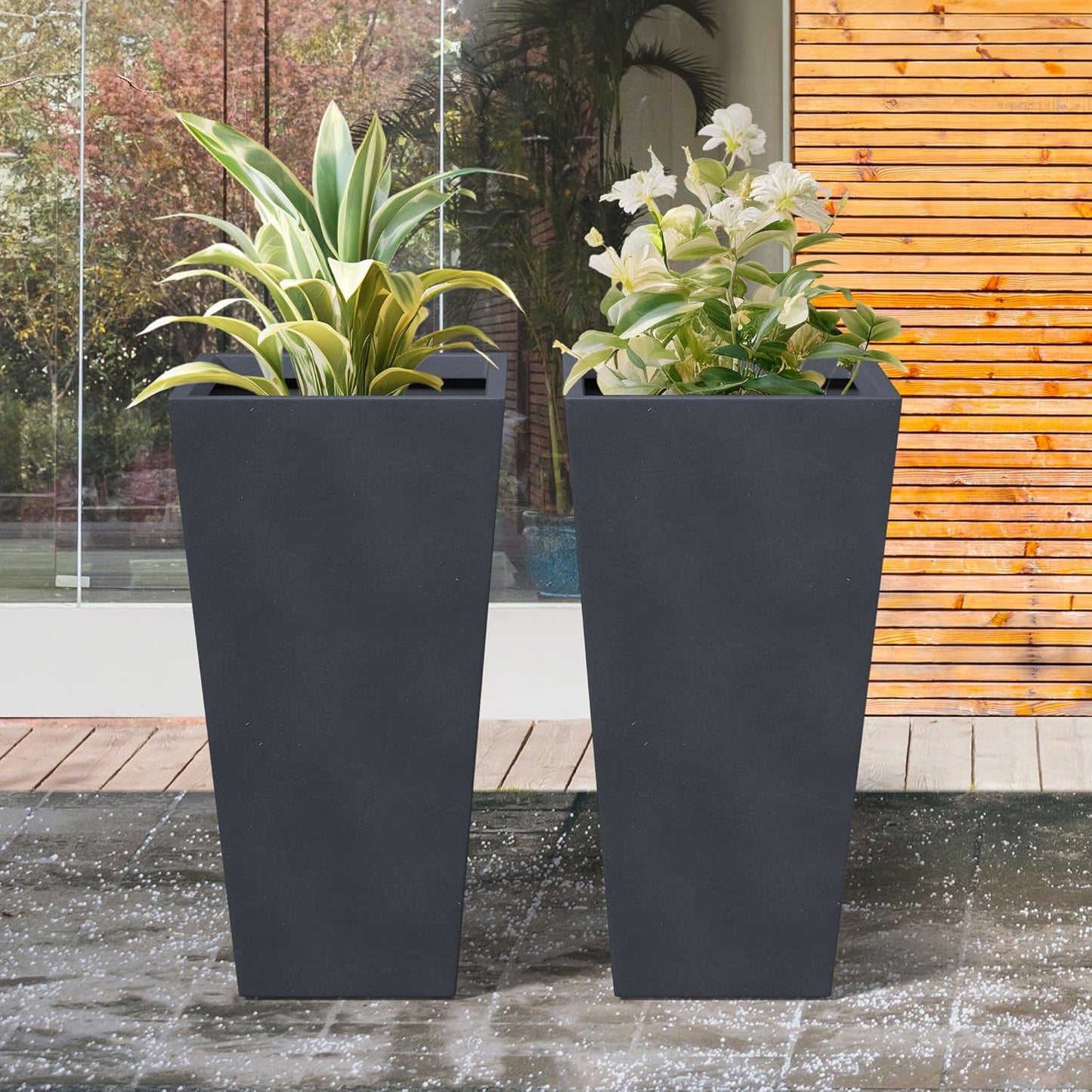 Kante 24.4 Inch Tall Tapered Concrete Planter (Set of 2), Modern Style Large Plant Pot with Drainage Hole and Rubber Plug for Patio, Backyard, Porch, Suitable for Indoor Outdoor Plants, Charcoal