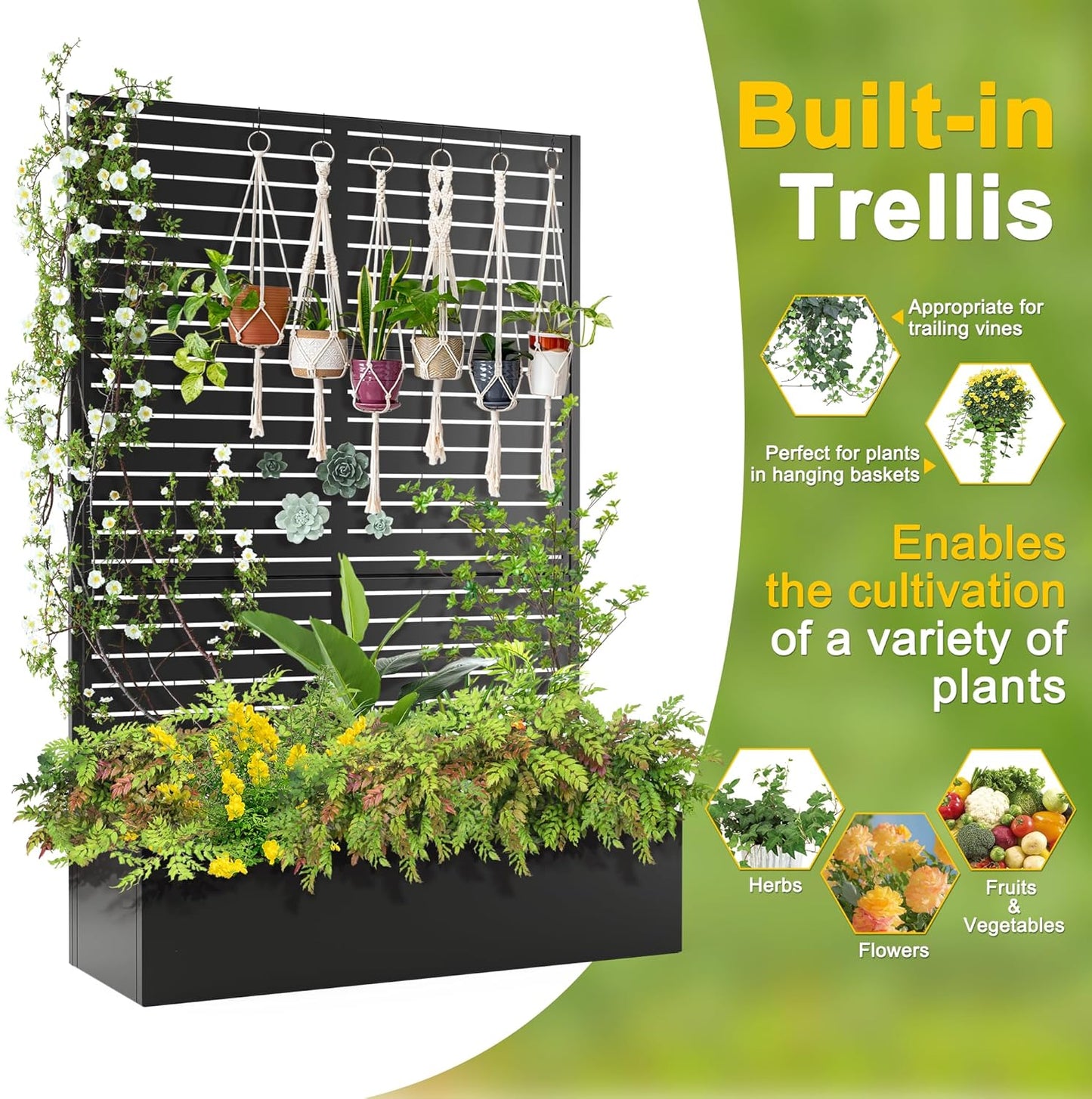 FENCY Metal Raised Garden Bed with Trellis, Metal Planter Box with Trellis, Garden Box for Climbing Plants Vegetable, 47" Lx16 Wx71 H Garden Bed with Drainage Holes(Black-Louvered)