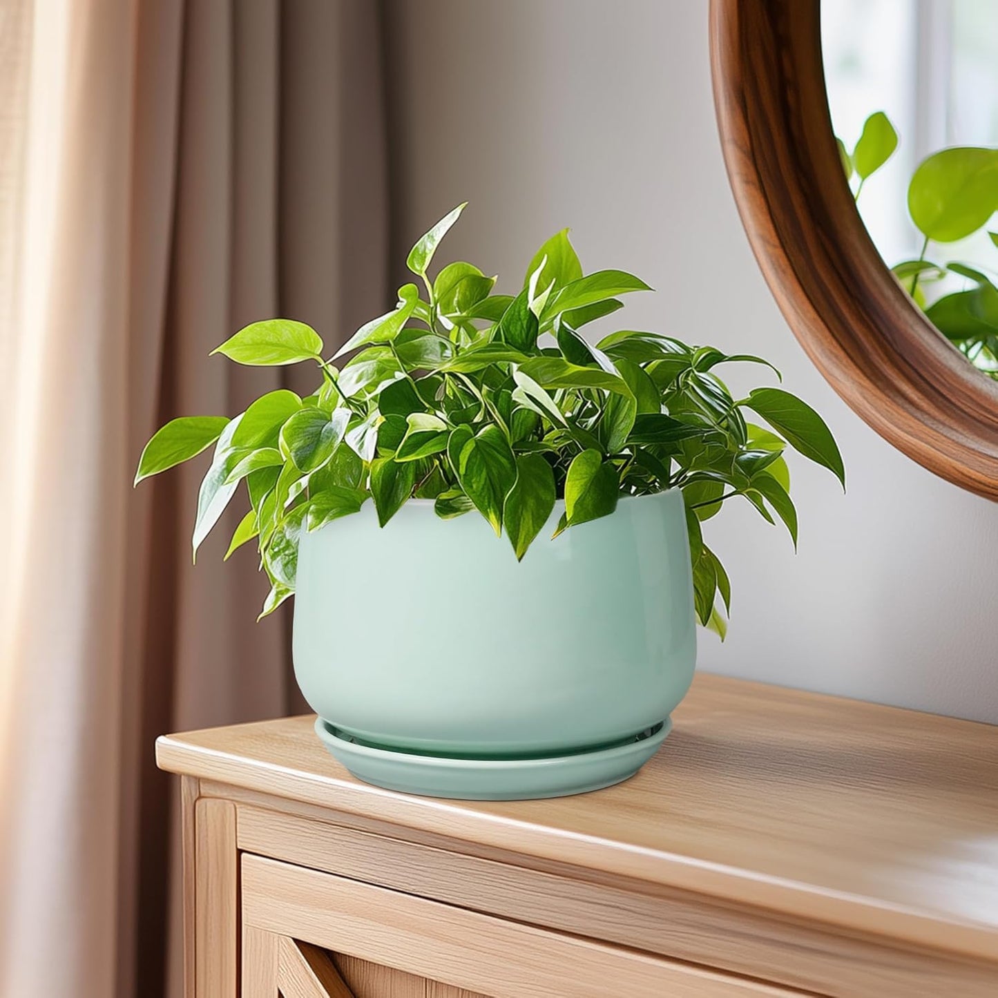 G EPGardening Ceramic Plant Pots - 6 Inch Pot for Plants, Ceramic Planter with Drainage and Saucer, Flower Indoor Outdoor Planter, Modern Bathroom Decor, Birthday Gifts, Green