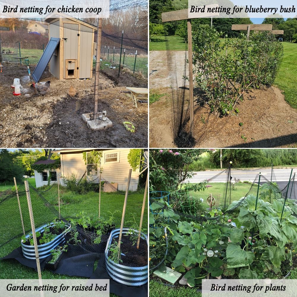 Junflying Bird Netting, 15x15 FT – 1/2" Mesh, Woven Black Netting for Garden Protection with Ties, Protects Vegetables, Fruit Trees, Blueberry Bushes & Strawberry Plants