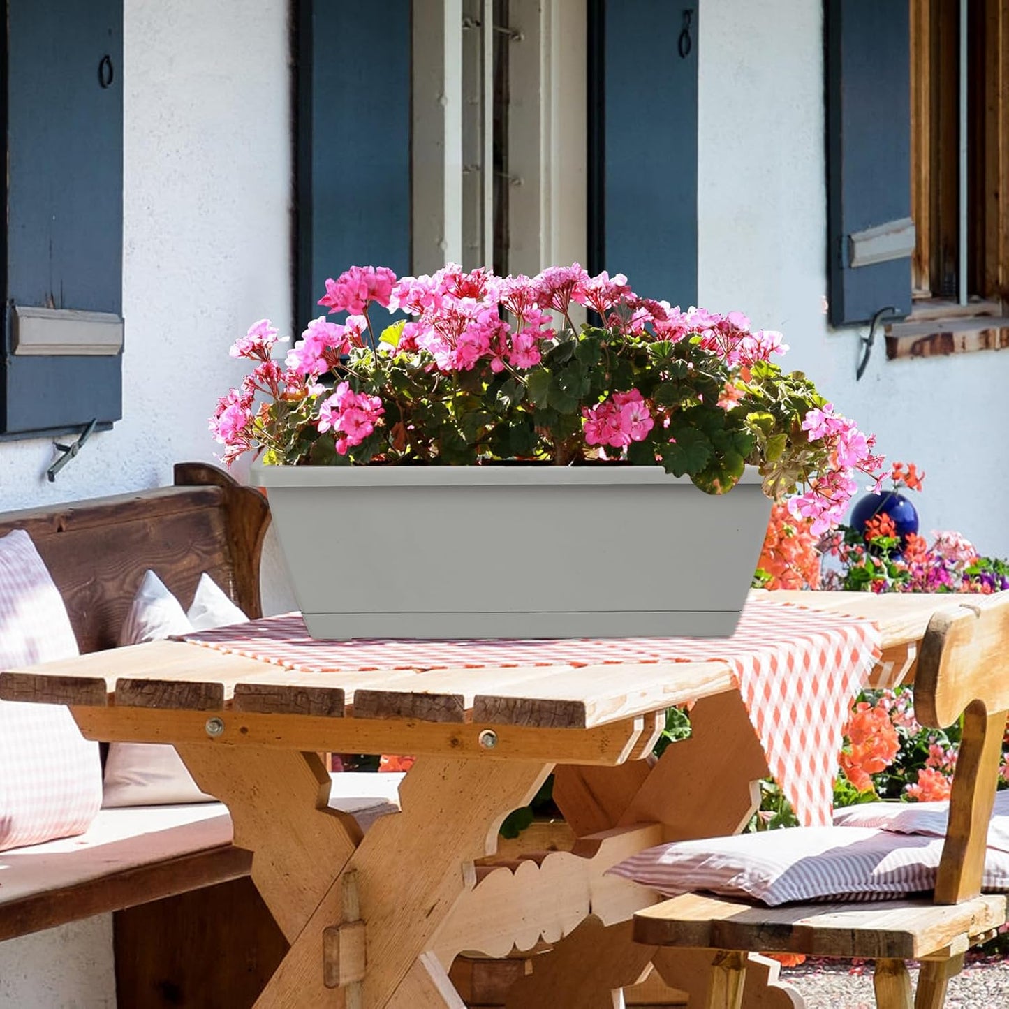 12Pcs 17Inches Rectangle Planter Box with Drainage Holes and Trays Plastic Planters Flower Boxes Pots for Indoor Outdoor Plants Patio Garden Home Decor Porch Yard (Black)