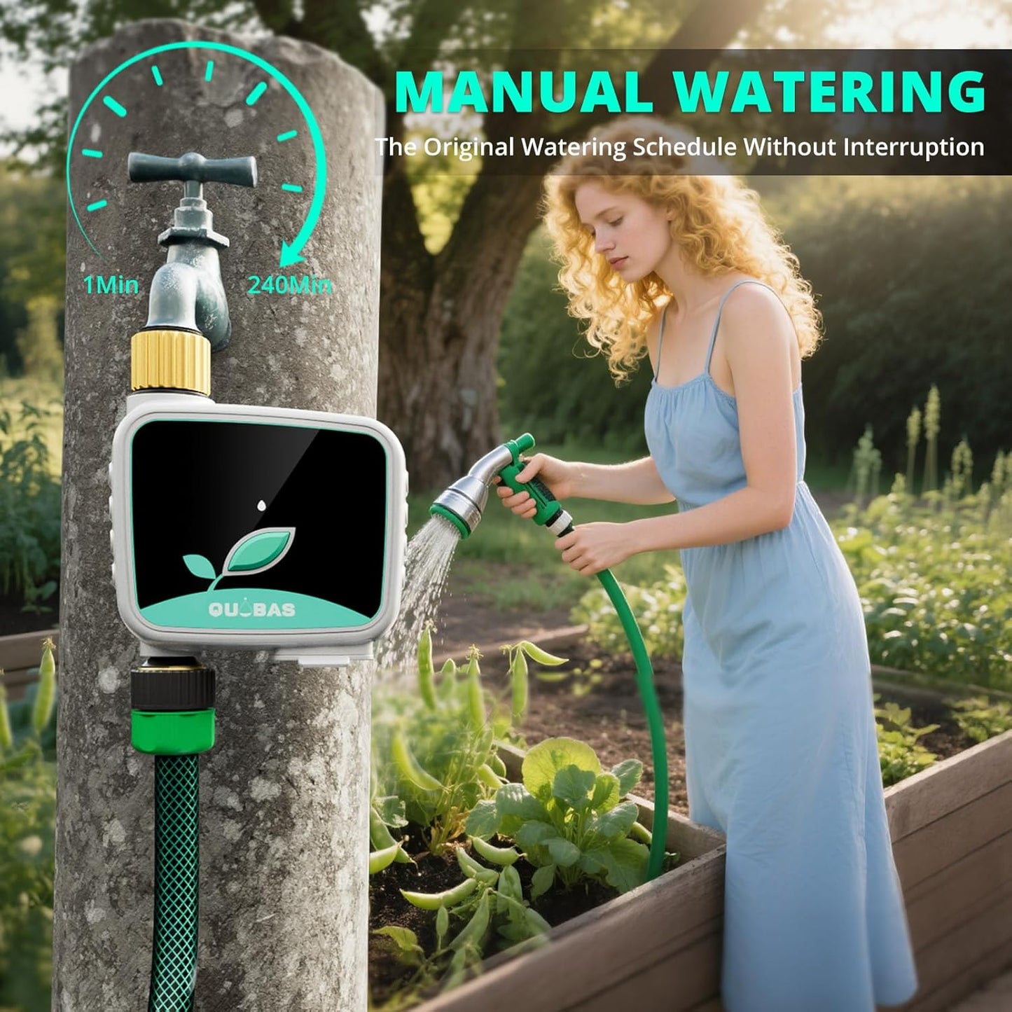 QUOBAS WiFi Sprinkler Timer with Brass Inlet & Outlet, Smart Water Timer for Garden Hose with APP Remote Control, Manual Watering, Rain Delay Watering, for Lawn, Garden