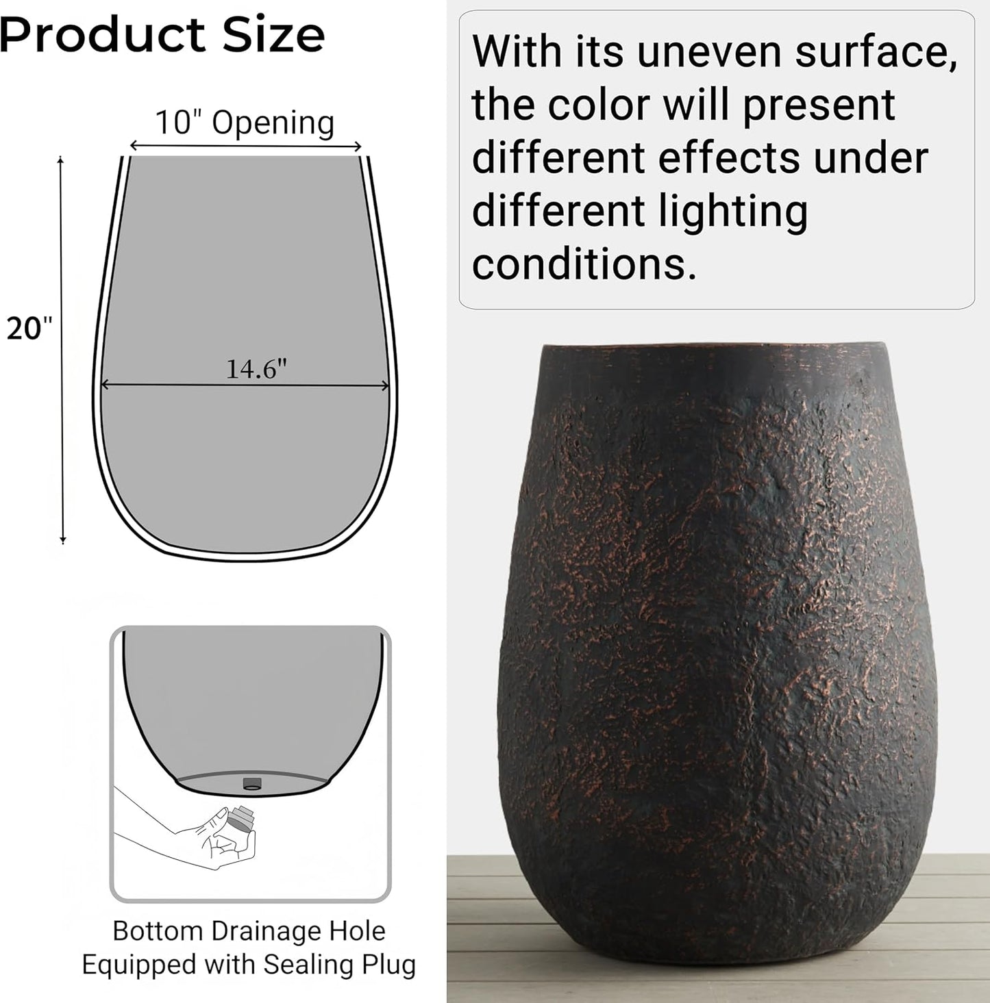 20" H Weathered Concrete Tall Planter, Black Large Outdoor Indoor Decorative Flower Pot with Drainage Hole, Modern Round Style for Home, Garden, Patio, Courtyard, Bronze Rust with Green Tone