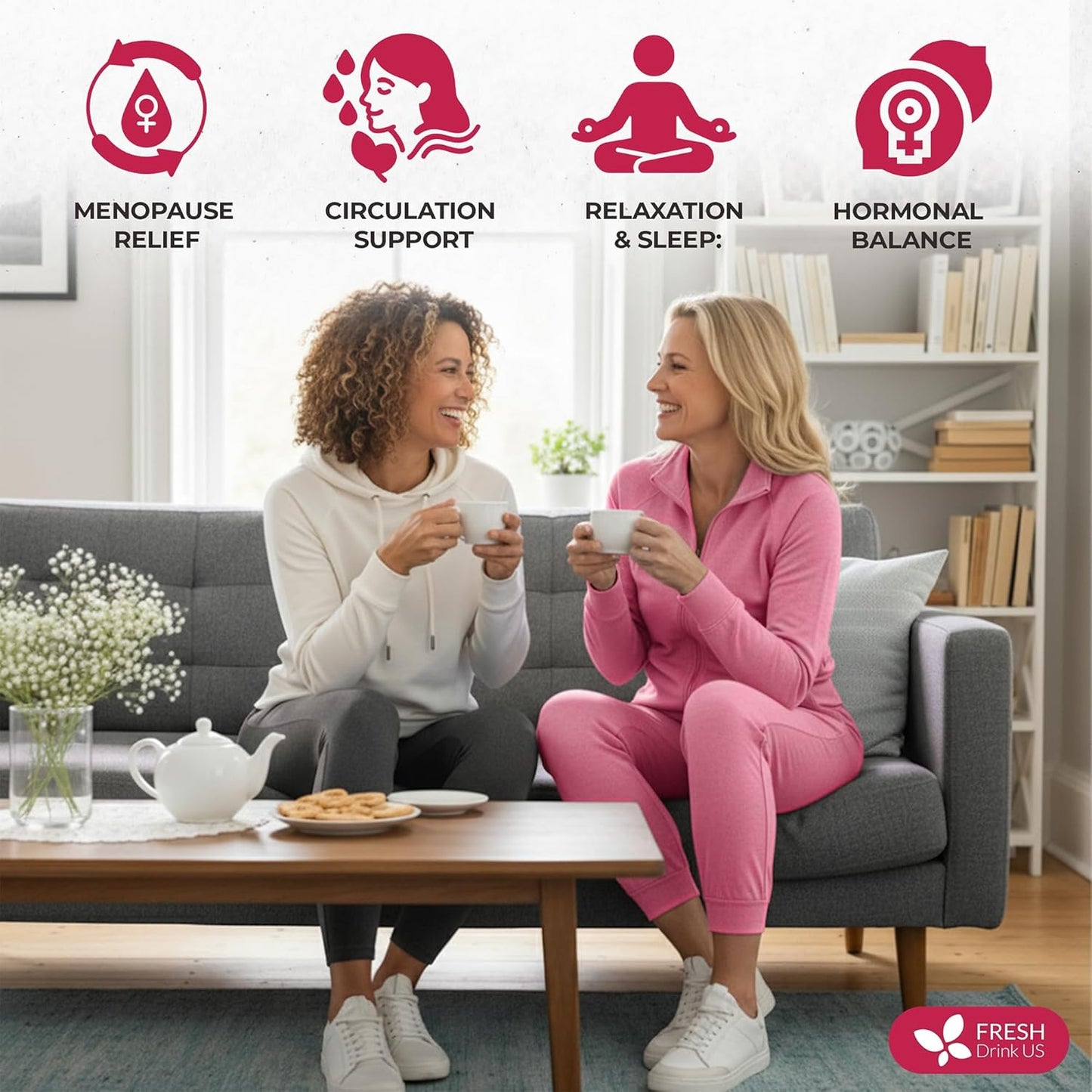 FreshDrinkUS, 40 Tea Bags - Menopause Support Herbal Tea β Soothing Blend with Rhubarb, Hibiscus, Valerian, Passiflora, Ashwagandha, Fennel & Chamomile, Caffeine-Free, Vegan, Non-GMO