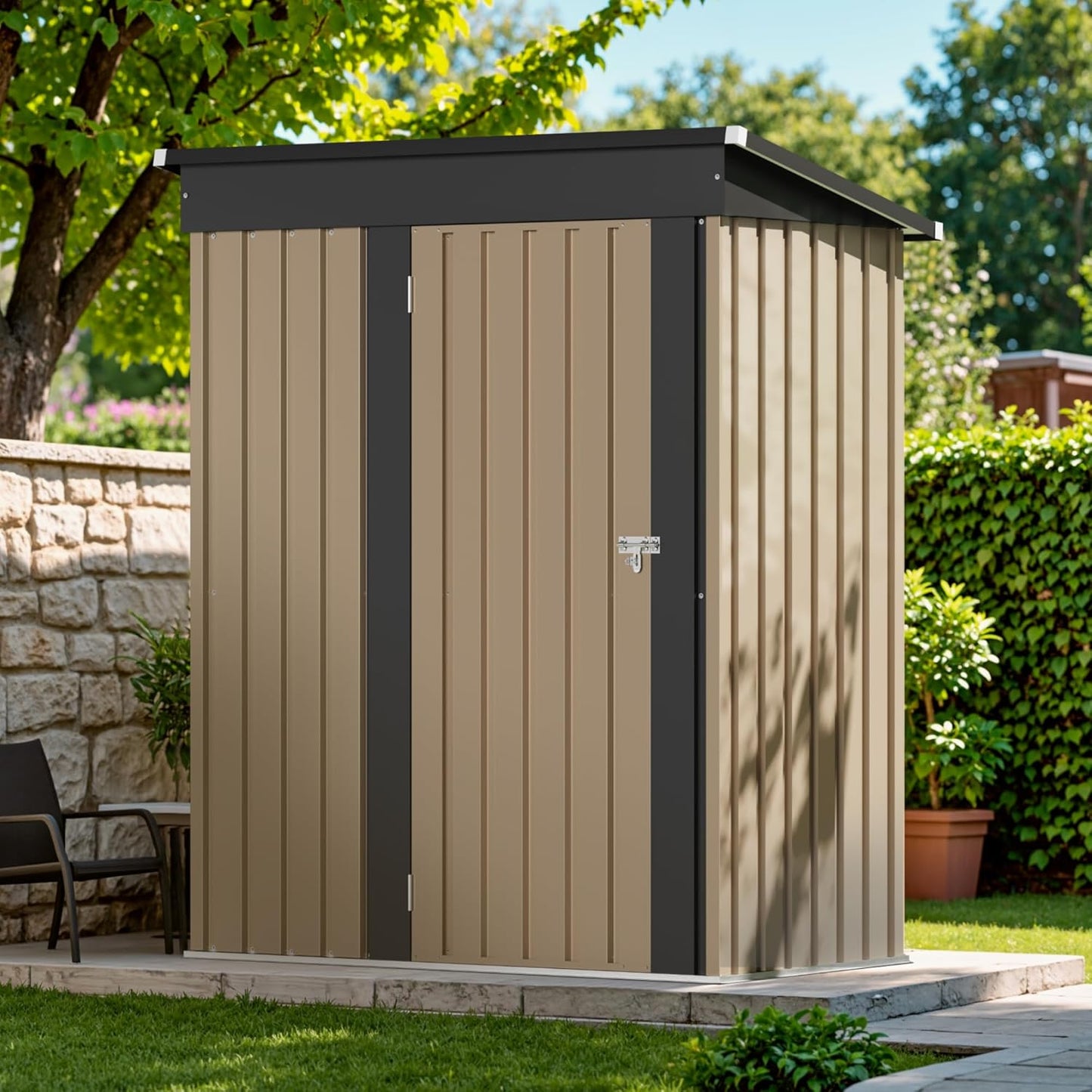 Devoko Outdoor Storage Shed 5 x 3 FT Lockable Metal Garden Shed Steel Anti-Corrosion Storage House with Single Lockable Door for Backyard Outdoor Patio (Brown)