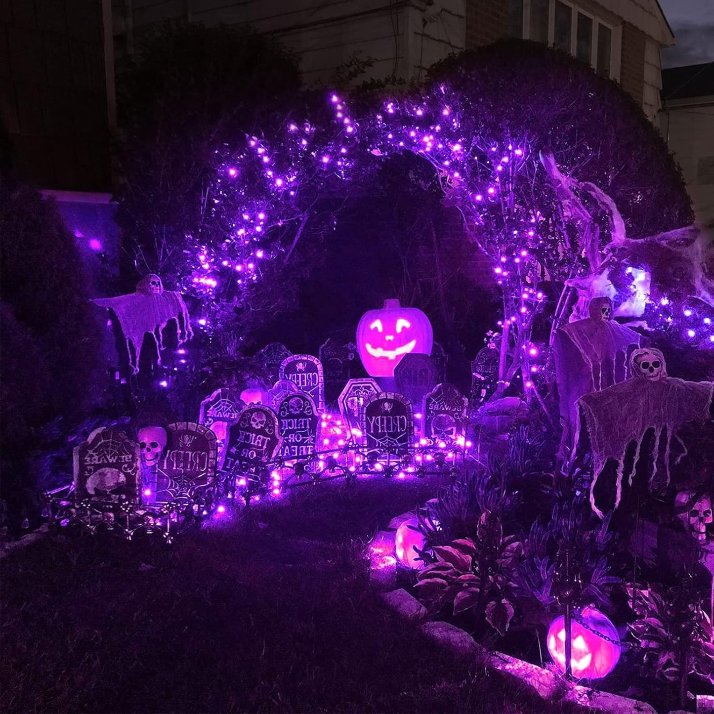 JMEXSUSS 4 Pack Purple Solar String Lights Outdoor Waterproof, 100 LED 33ft Purple Solar Fairy Lights, 8 Modes Copper Wire Christmas Light for Halloween Christmas Garden Yard Tree Decor