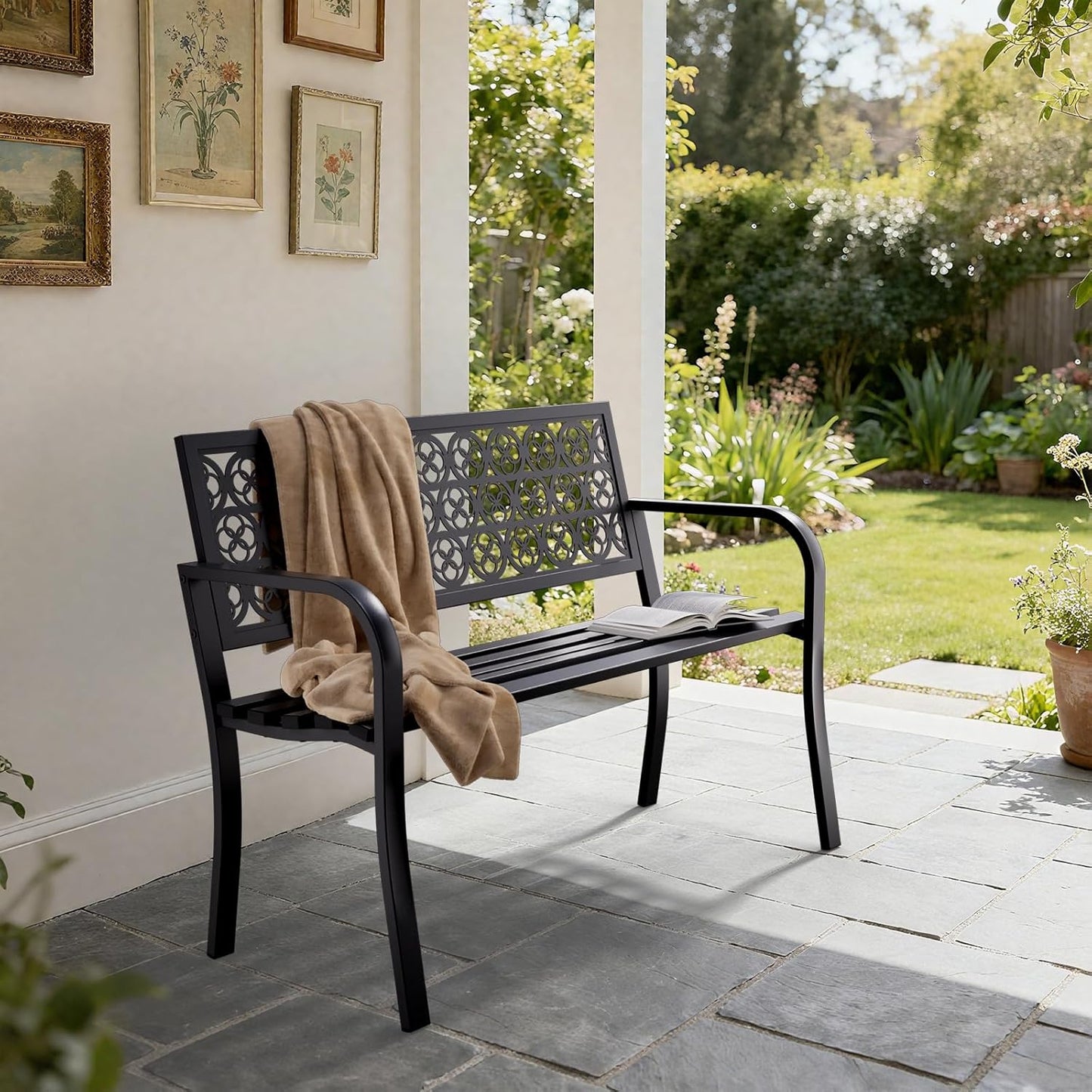 44'' Outdoor Garden Bench, Weatherproof Wrought Iron Metal Patio Bench with Mesh Pattern Backrest, for Front Porch, Park, Yard, Gardens