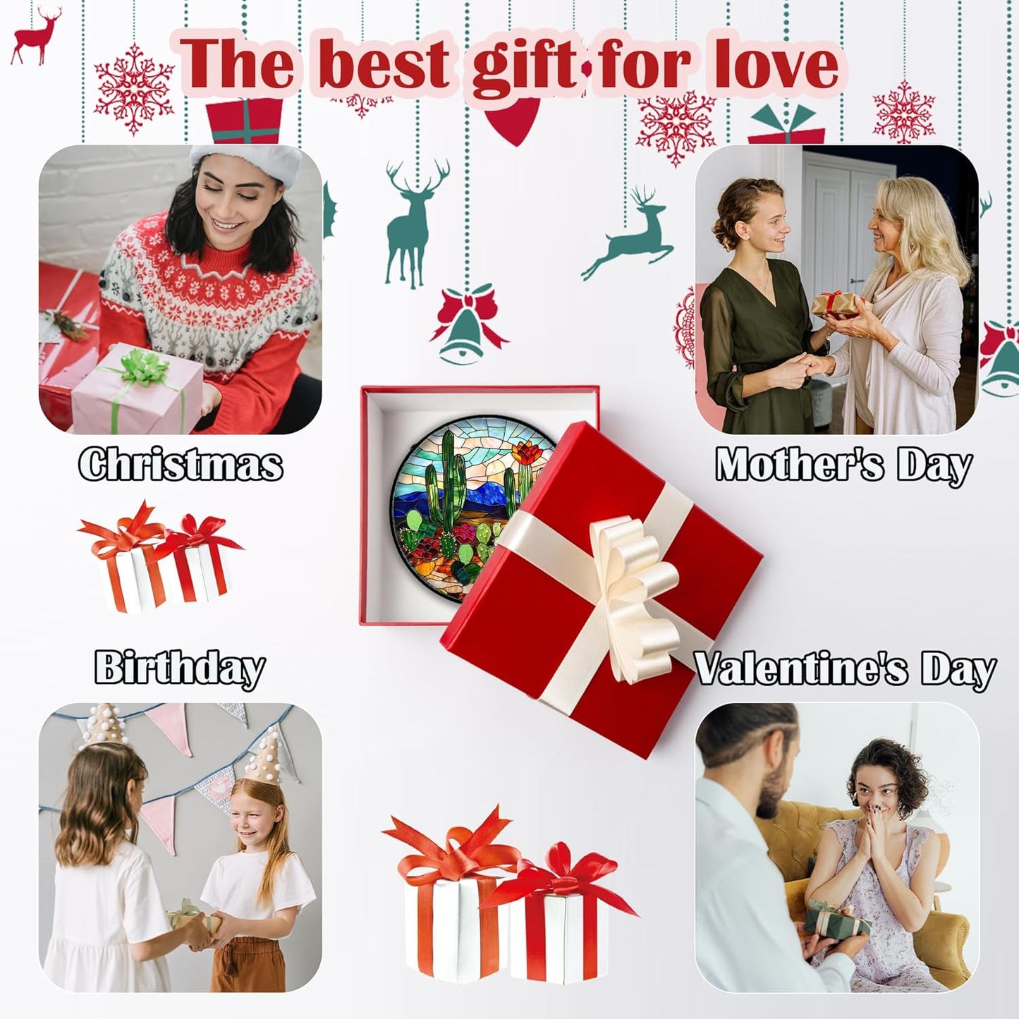 Stained Glass Window Hanging, Green Cactus Suncatcher for Doors Window Home Plant Landscape Sun Catchers Decoration Mother's Day Birthday Gifts for Women, Men, and Mom 6.3 in