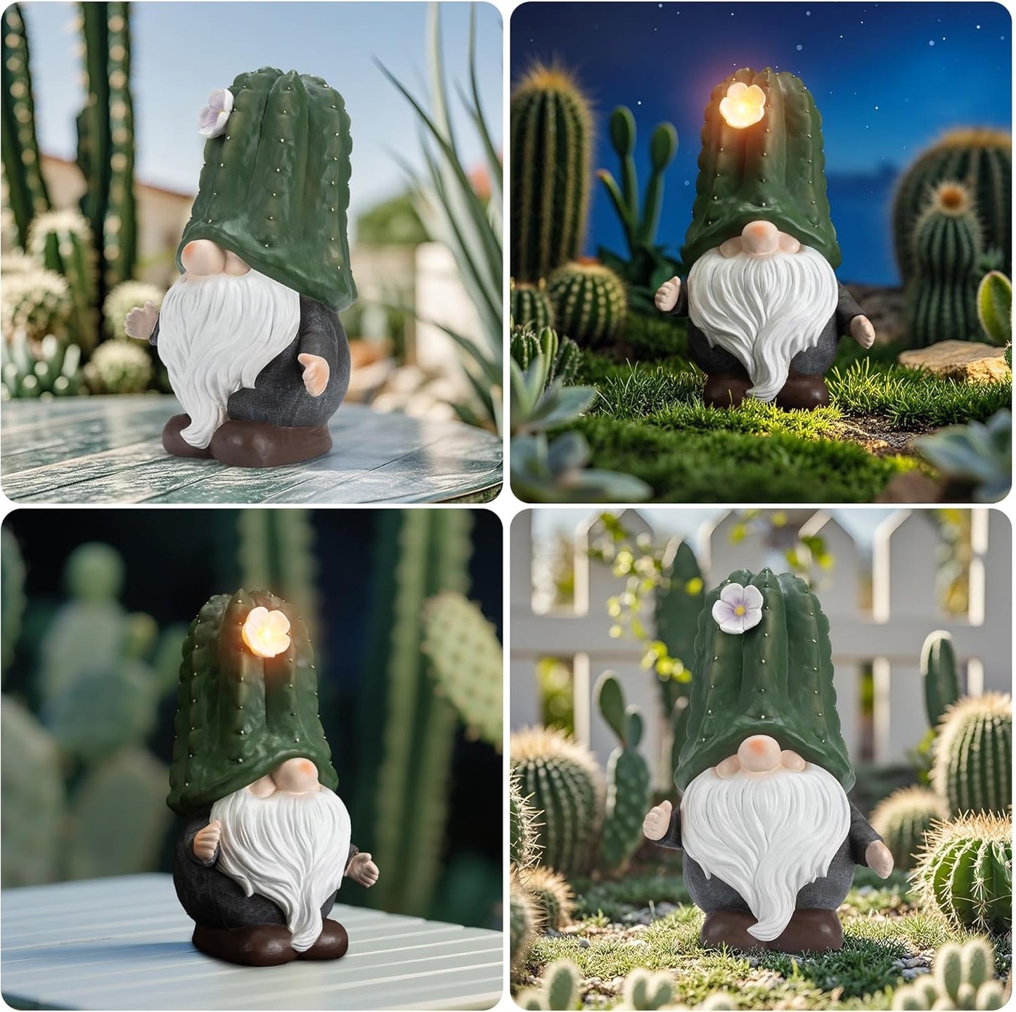 Solar Cactus Gnome Statue Garden Decor Light - Outdoor Decorative LED Flower, Suitable for Patio, Lawnand Garden Decorations, Gifts for Mom