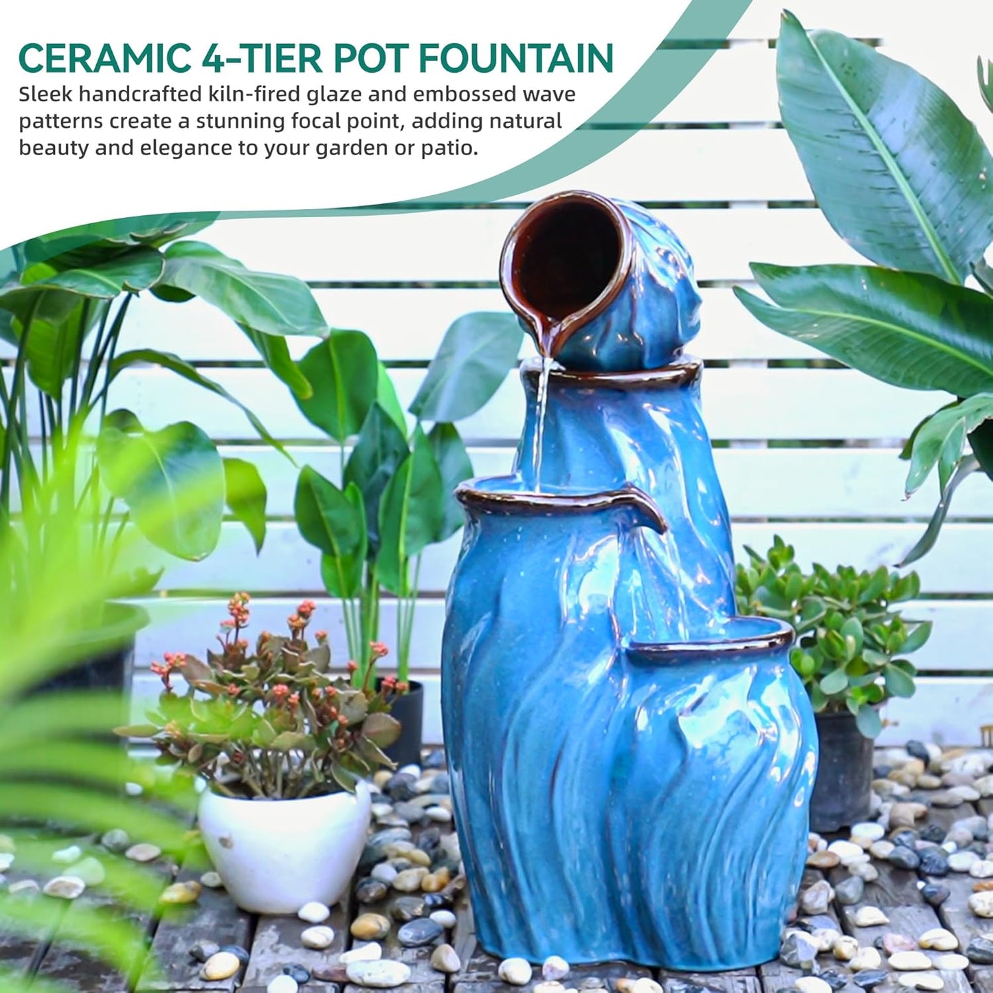 29" Ceramic Outdoor Fountain with Lights, 4-Tier Pots Waterfalls Patio Water Fountain, Tranquil Oasis for Relaxing Garden, Yard, or Porch Decor, Turquoise, Dynamic Wave-Texture