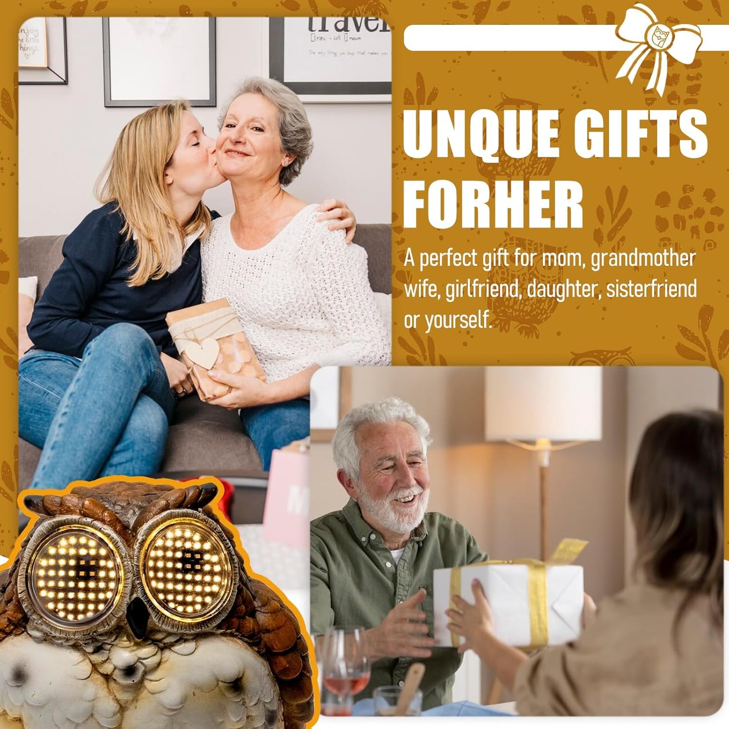 Solar Garden Owl Statue with Moving LED Eyes, Owls Figurine Outdoor Decorations Sculpture for Patio, Yard, Lawn, Porch, Home Ornament, Christmas Housewarming Gifts for Women Mom