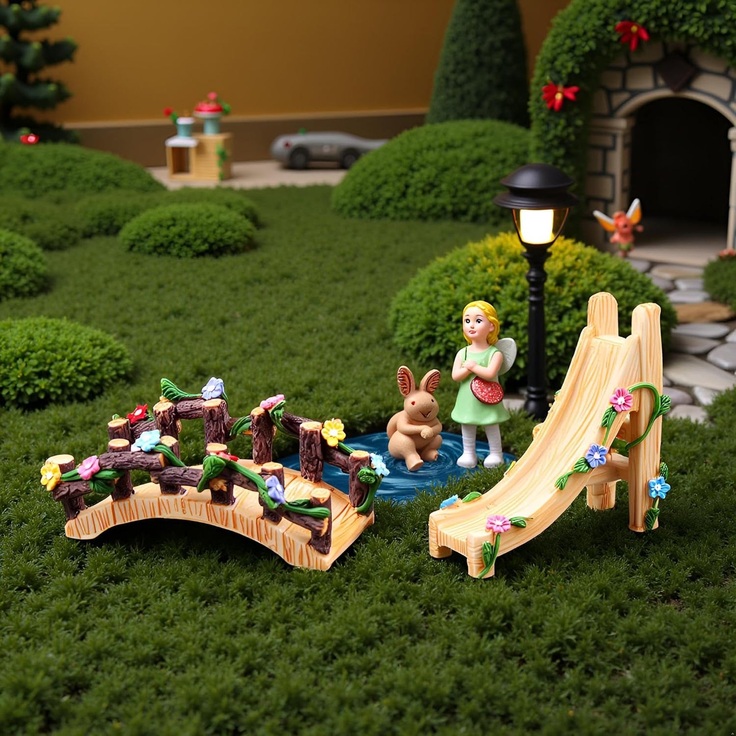 Kai Dream Miniature Fairy Garden Accessories Set, 2 Piece Resin Decorative Landscape Kit with Bridge and Slide, Floral Garden Ornaments