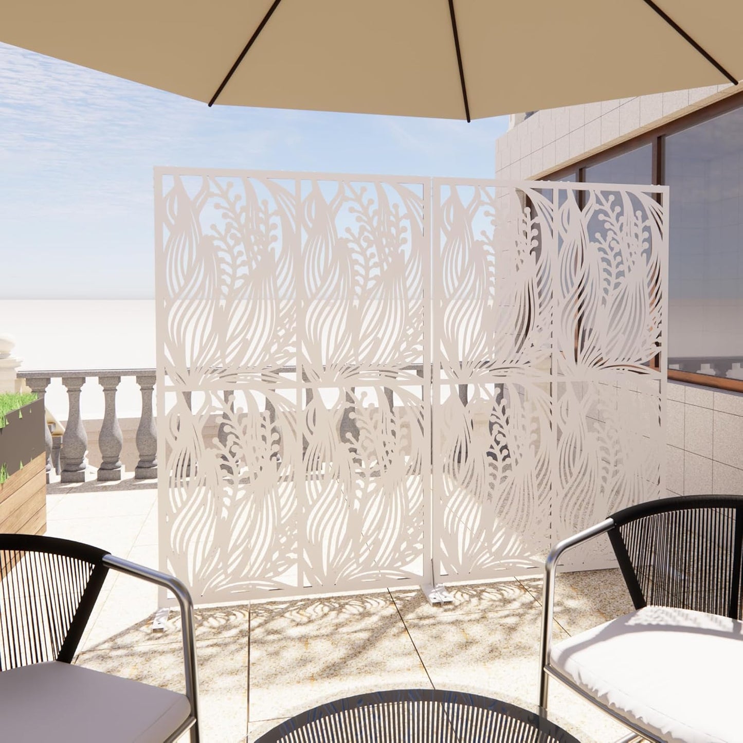 Metal Privacy Screens 72" H Outdoor Privacy Screens Panels Outdoor and Indoor Leaf Pattern Divider with Freestanding Decorative for Balcony Patio Garden Room Divider, White