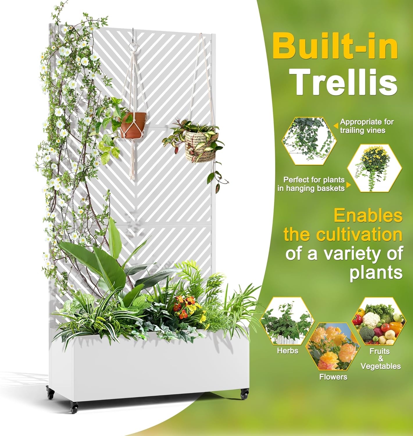 FENCY Metal Raised Garden Bed with Wheels and Trellis,73"x35"x16" Planter Box for Climbing Plants, Vegetables & Vines, Features Privacy Screen and Drainage Holes (White-Arrow)