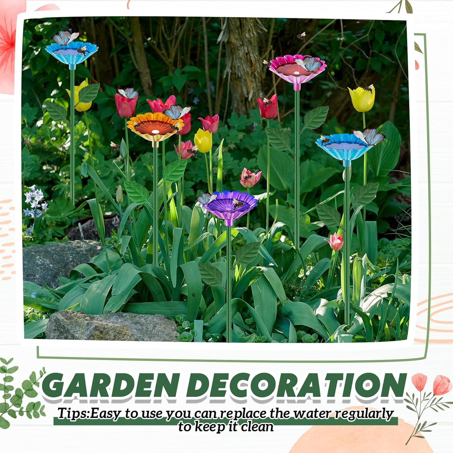 Tandefio 8 Pcs Bee Watering Station 25 x 2.6 Inch Metal Vivid Flower Bee Water Feeder for Garden Butterfly Feeders for Outdoors Colorful Butterfly Bath Bowl for Bird Thirsty Pollinators Outside Yard