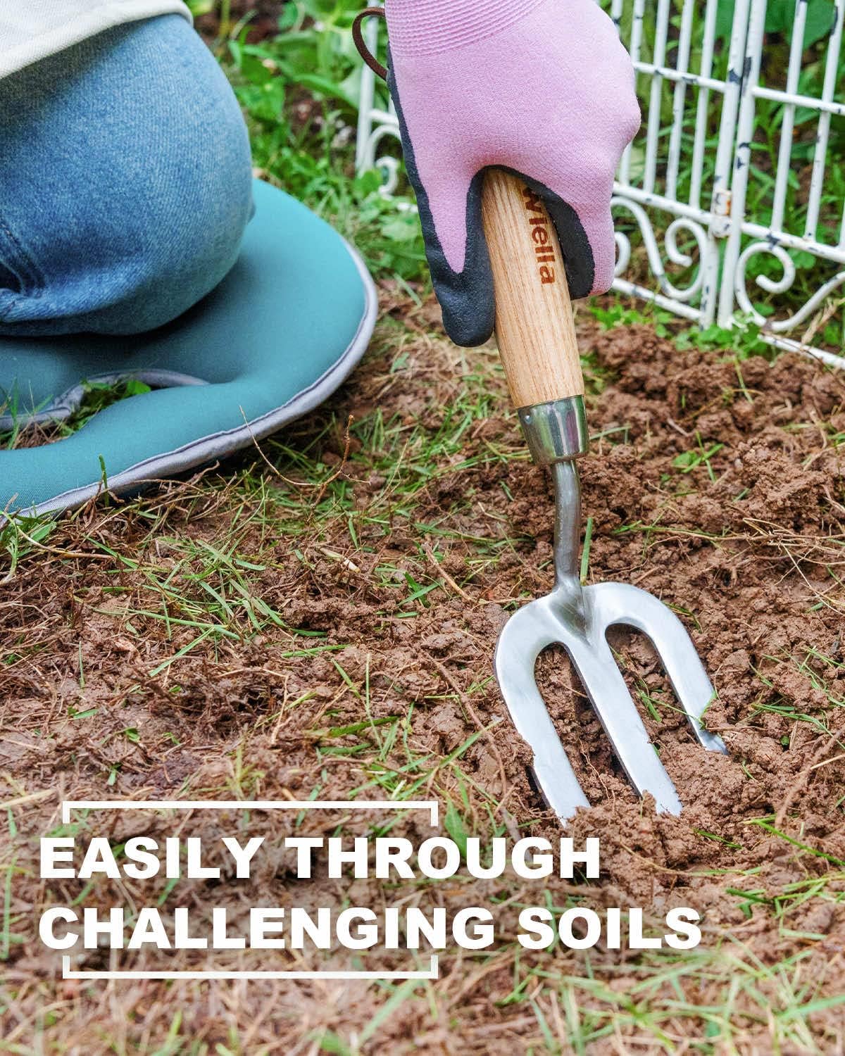 Garden Fork Hand Tool Small Weeding Fork 12 Inch with 3 Pointed Tines Wood Handle for Gardening Weeding Cultivating Digging Planting Transplanting Aerating Loosening Hard Soil Mixing Additives